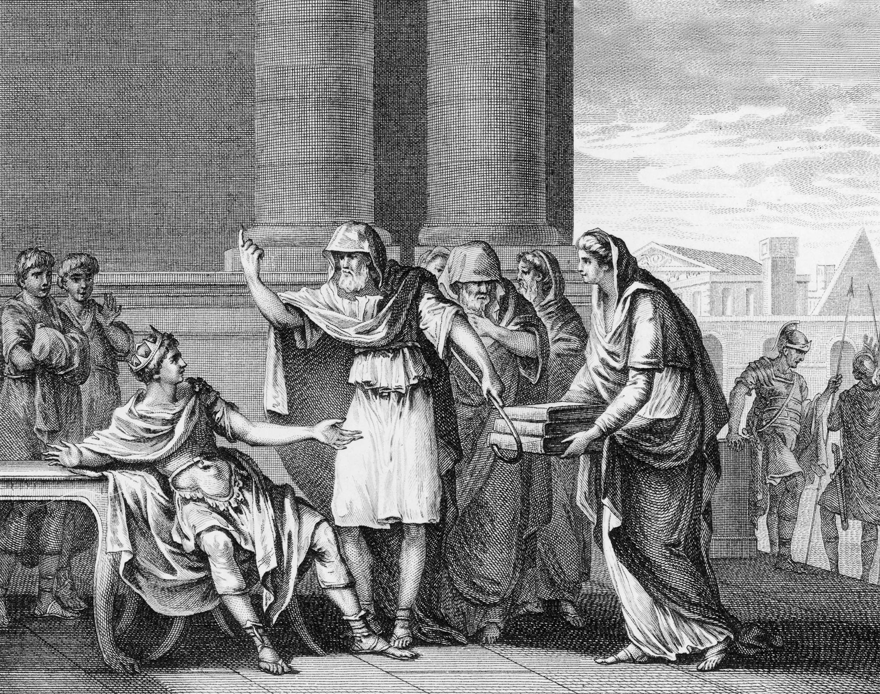 Tarquinius Superbus purchases the three remaining Sibylline books from the Cumaean Sibyl in a late 18th-century engraving by S.D. Myris.