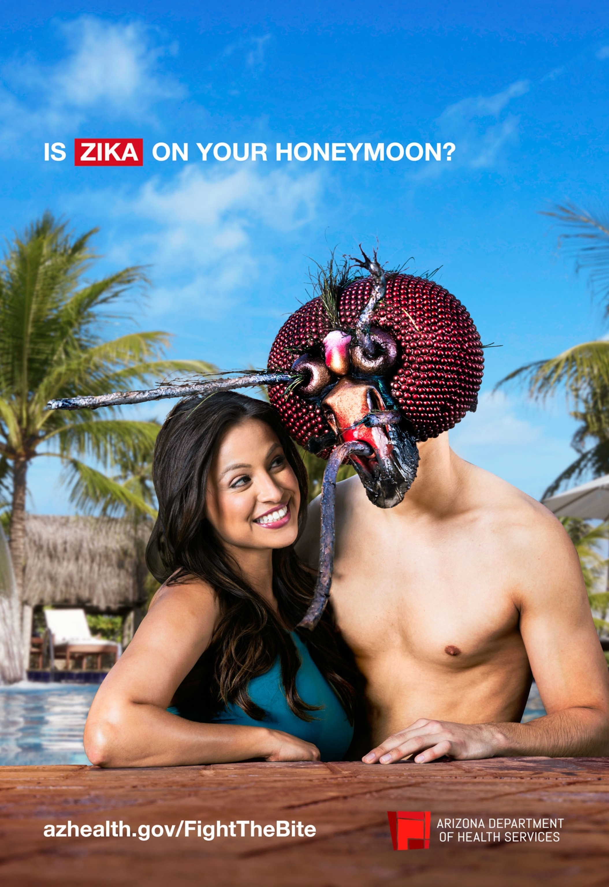 a couple where the head of the man has been replaced with the head of a mosquito