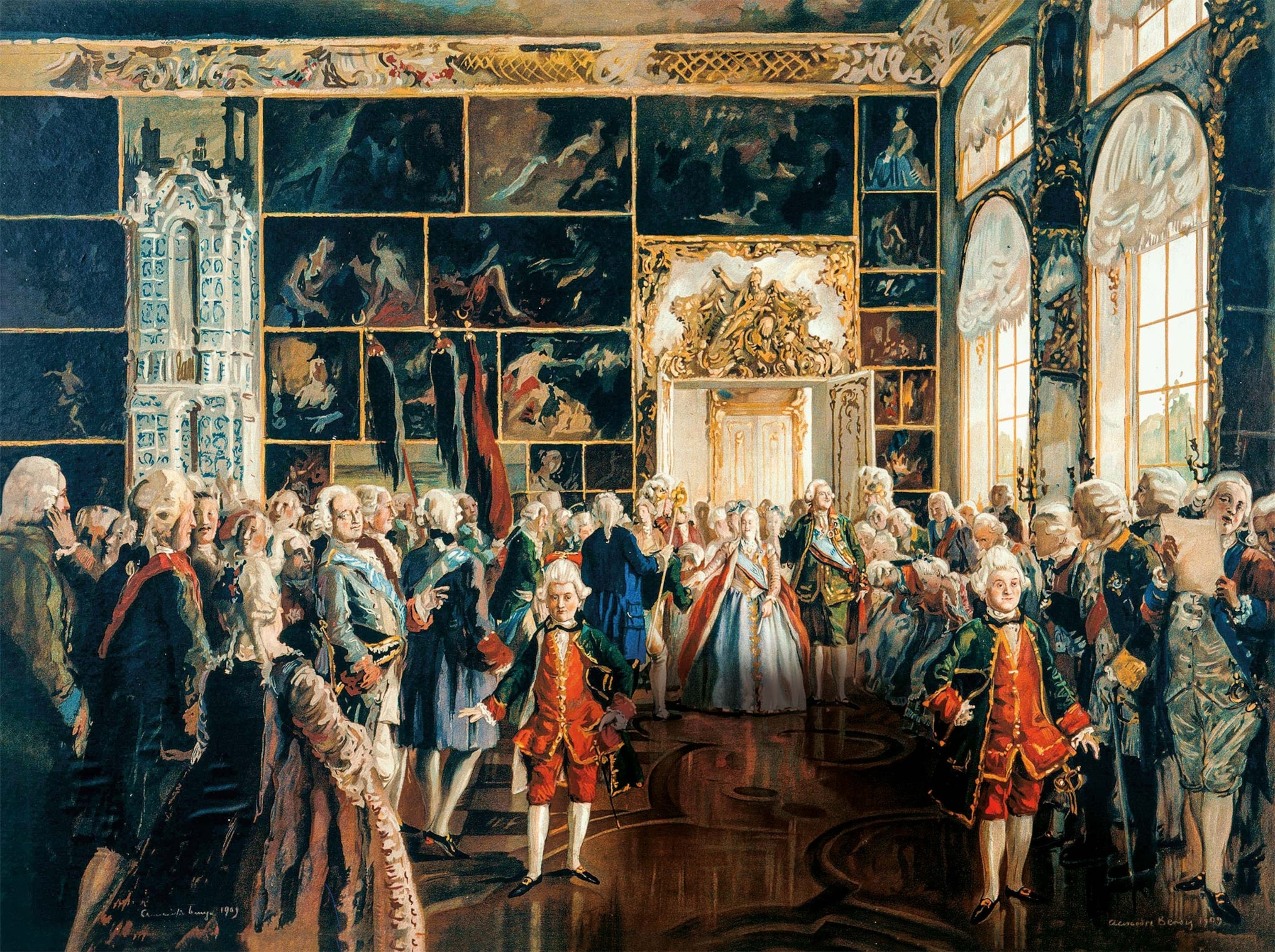 Catherine II of Russia makes a grand entrance before her courtiers in a colorful lithograph by Alexandre Nikolayevich Benois from 1909.