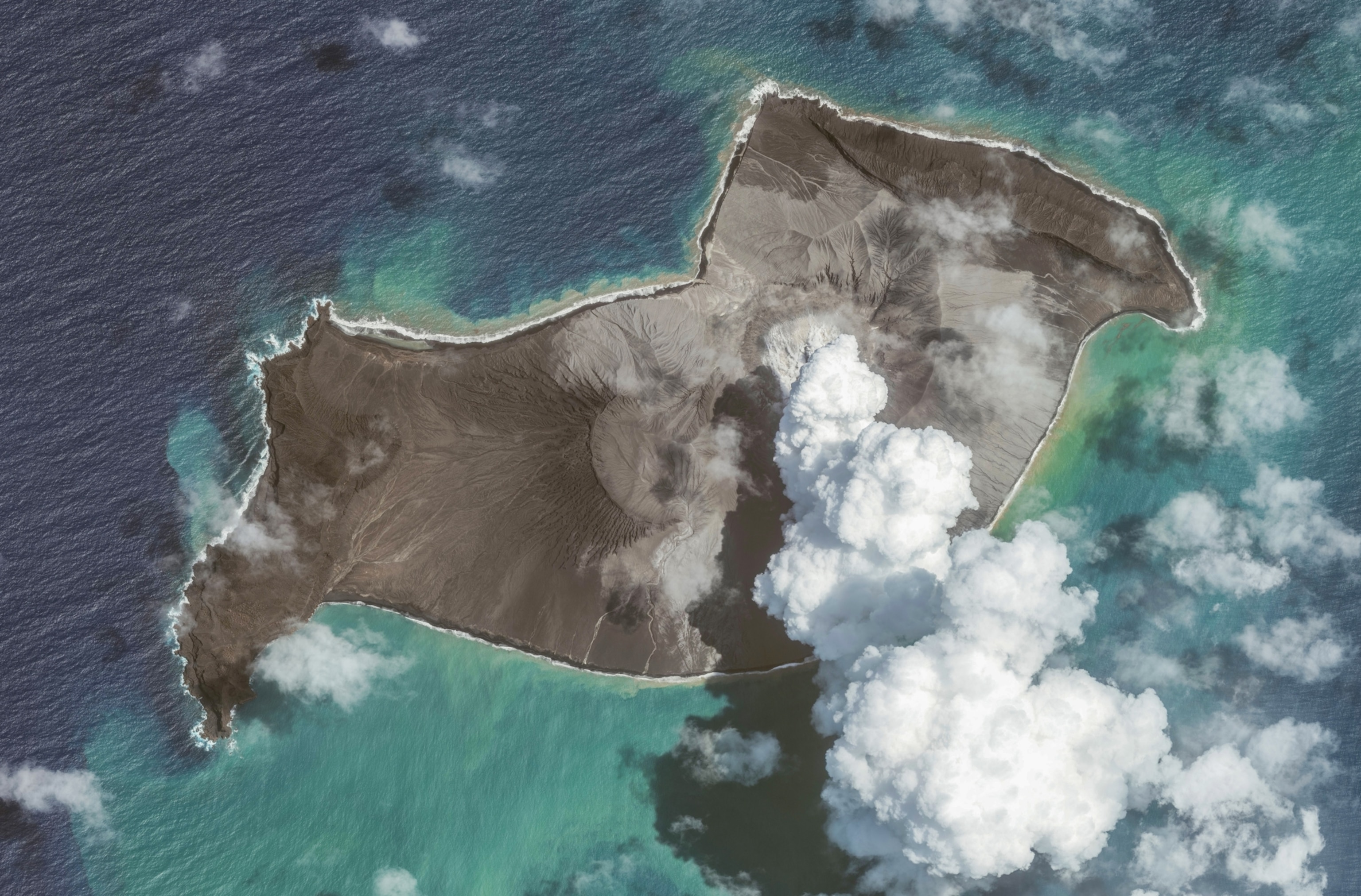 A Maxar overview satellite image shows the Hunga Tonga-Hunga Ha'apai volcano on January 6, 2022, before the eruption on January 14th , 2022 in Hunga Tonga-Hunga Ha'apai Islands, Tonga.