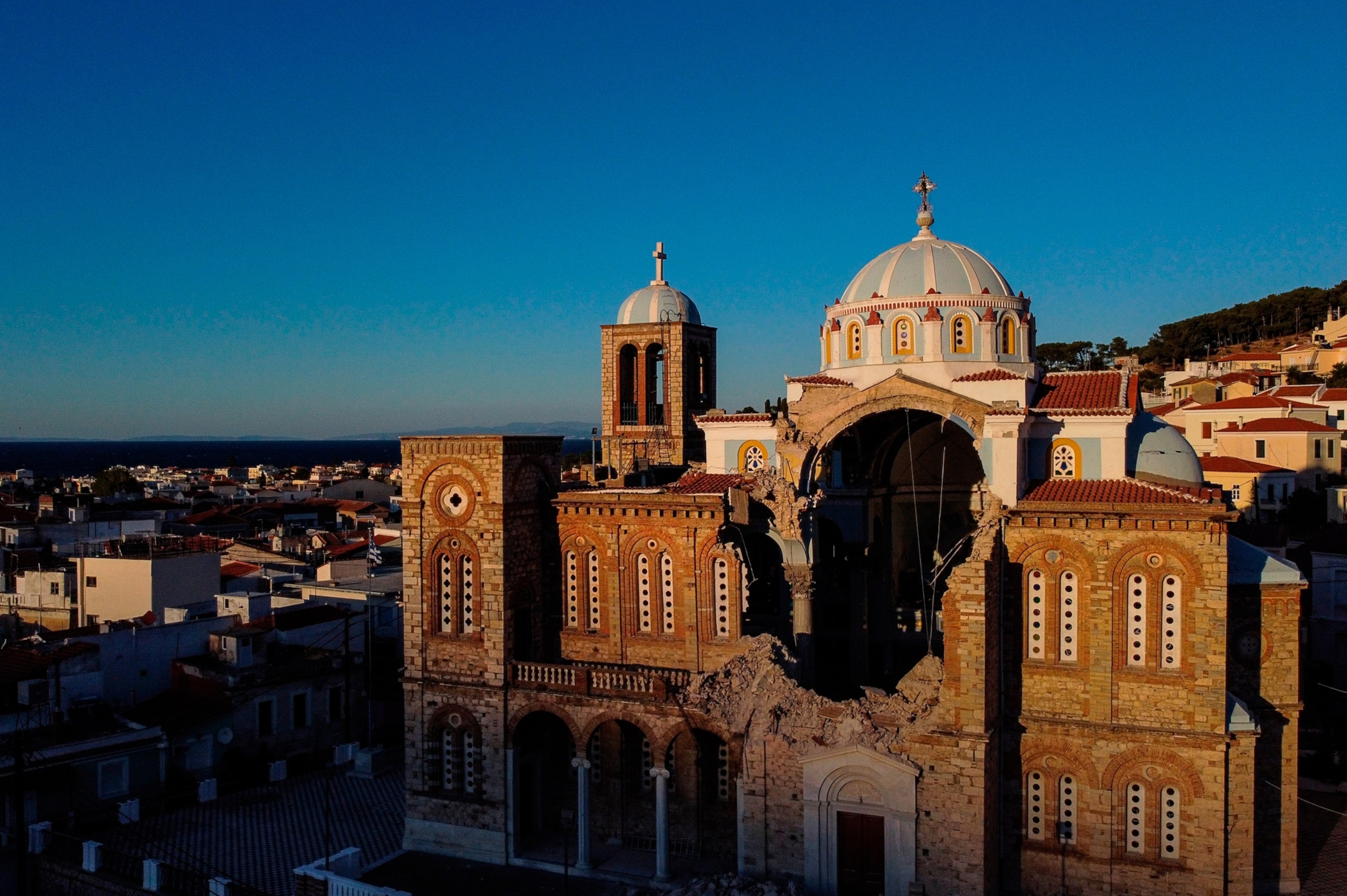 The damaged Greek Orthodox church of Karlovasi on the island of Samos
