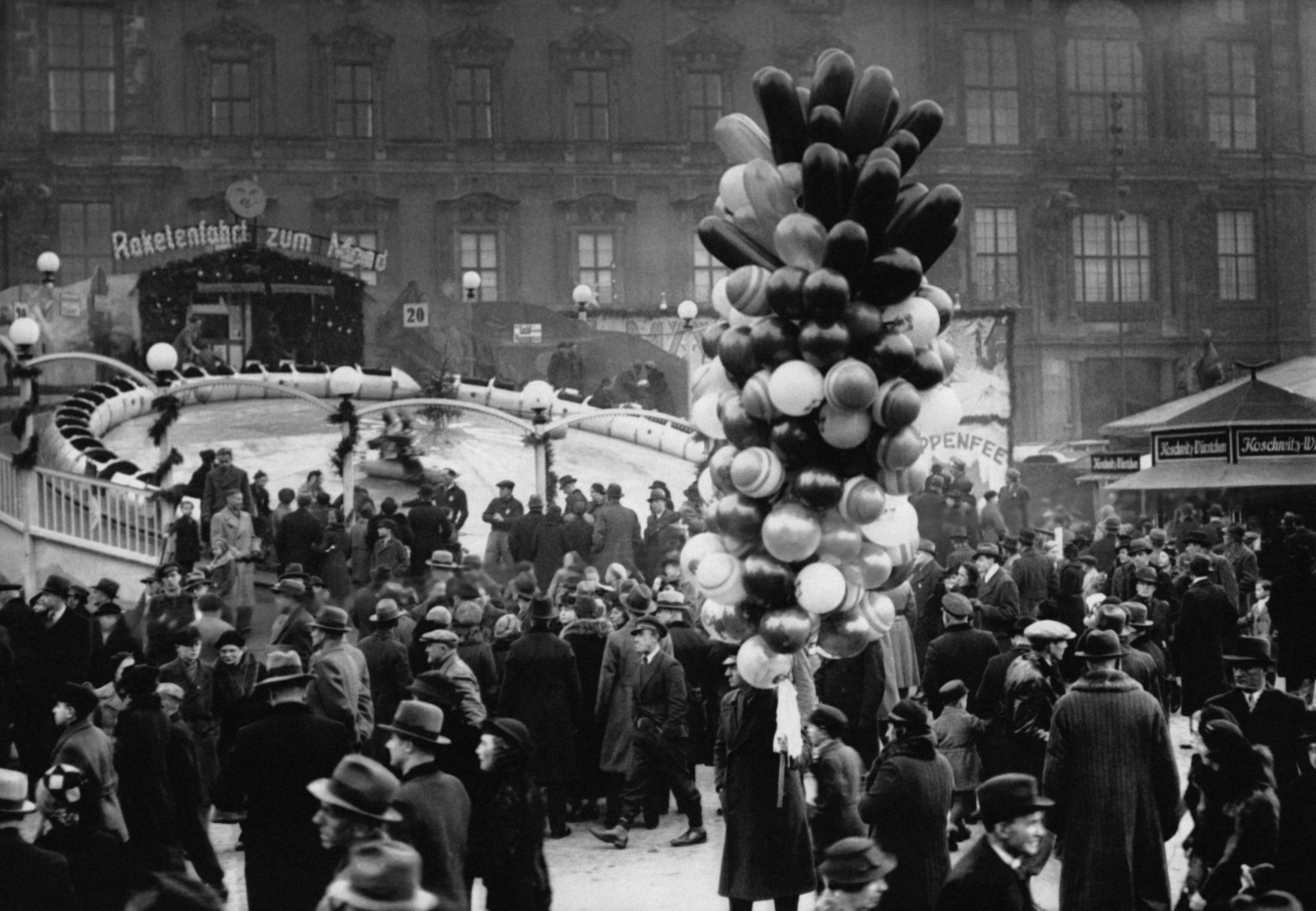 Archival photo of the busy Christmas market in Berlin, Germany on December 19, 1937