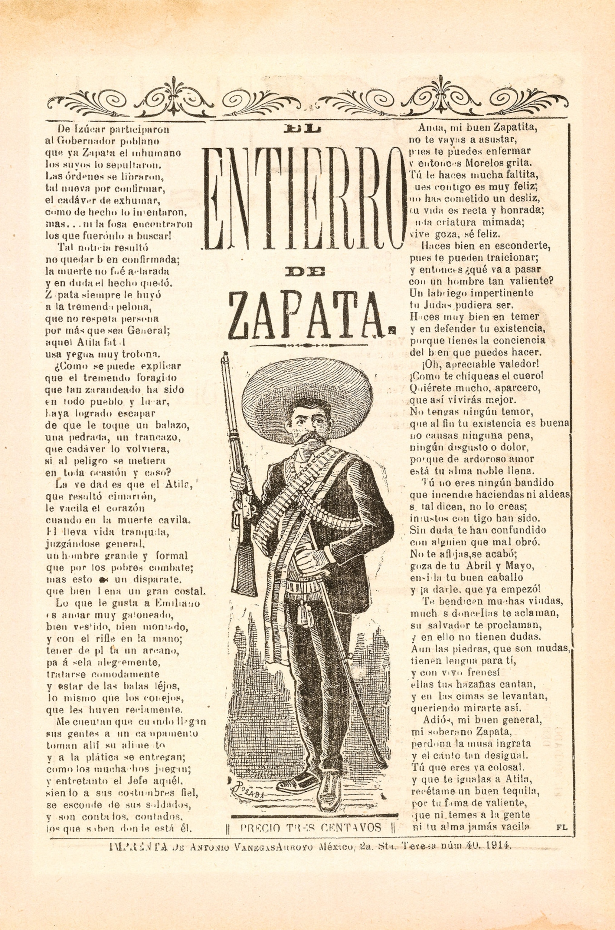 A satirical broadside of four ballads with an illustration of Zapata in the center