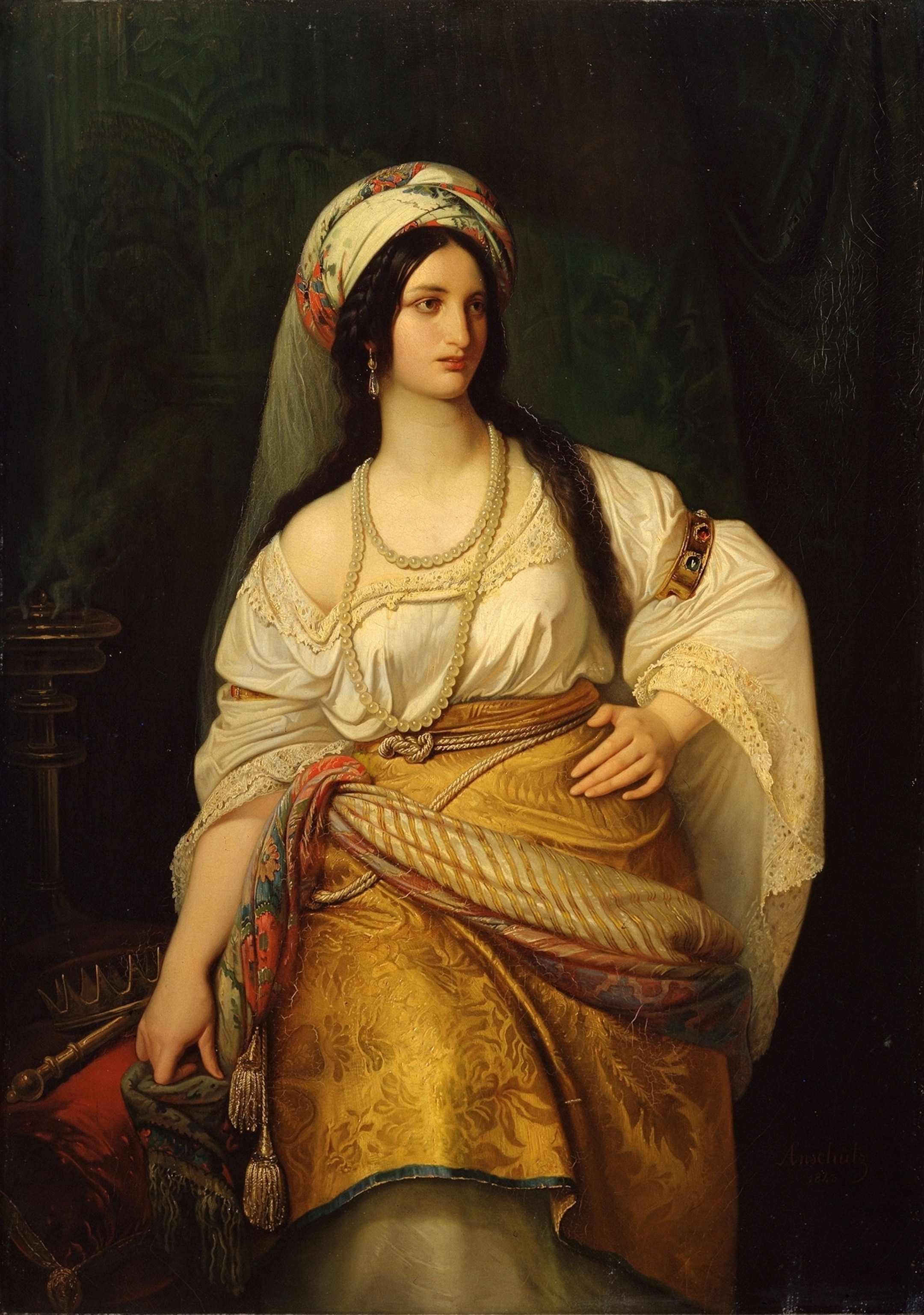 A painting of Esther, draped in a gold cloth