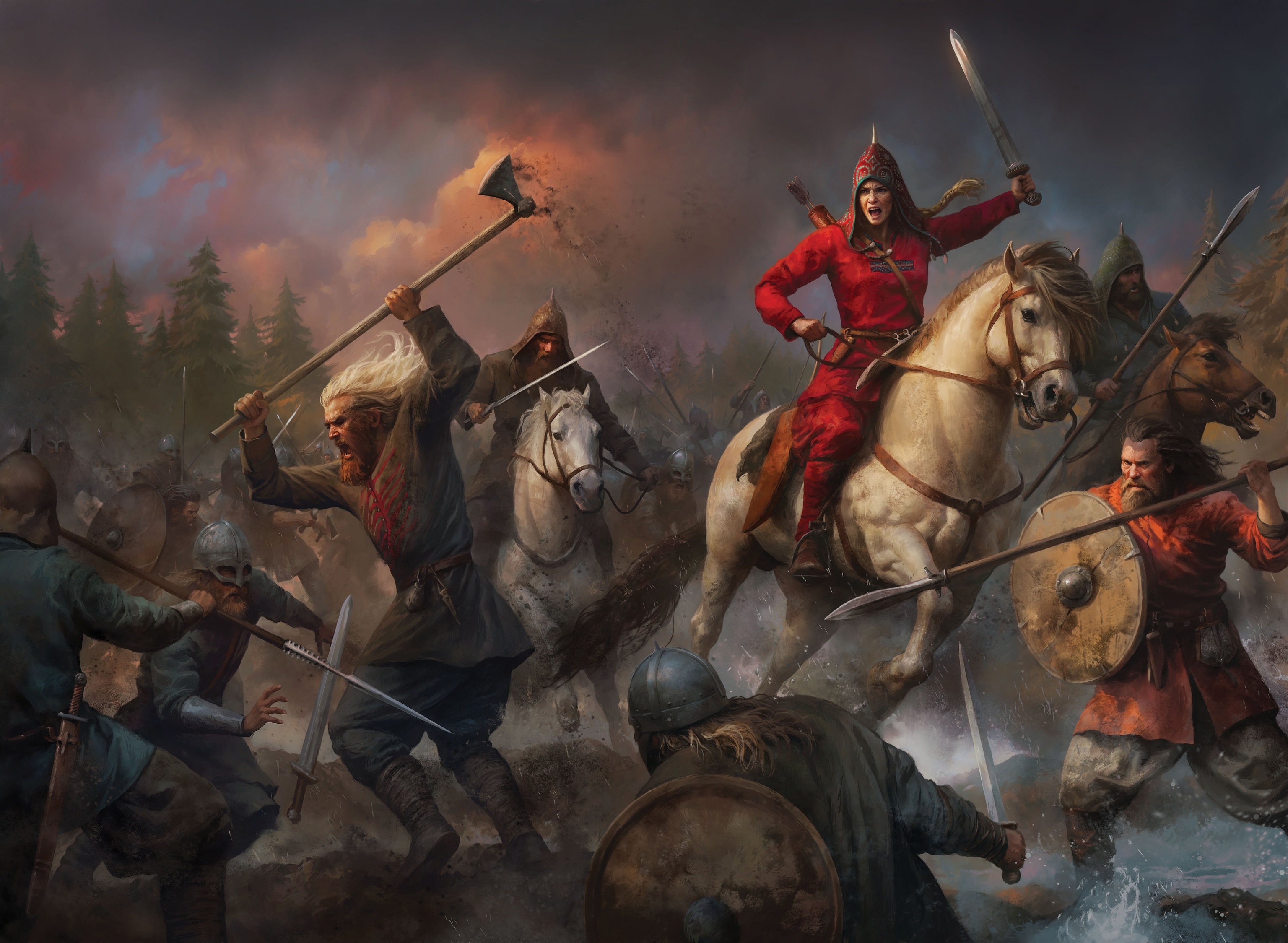 In a battle, the Birka warrior rides a horse while holding up her sword.