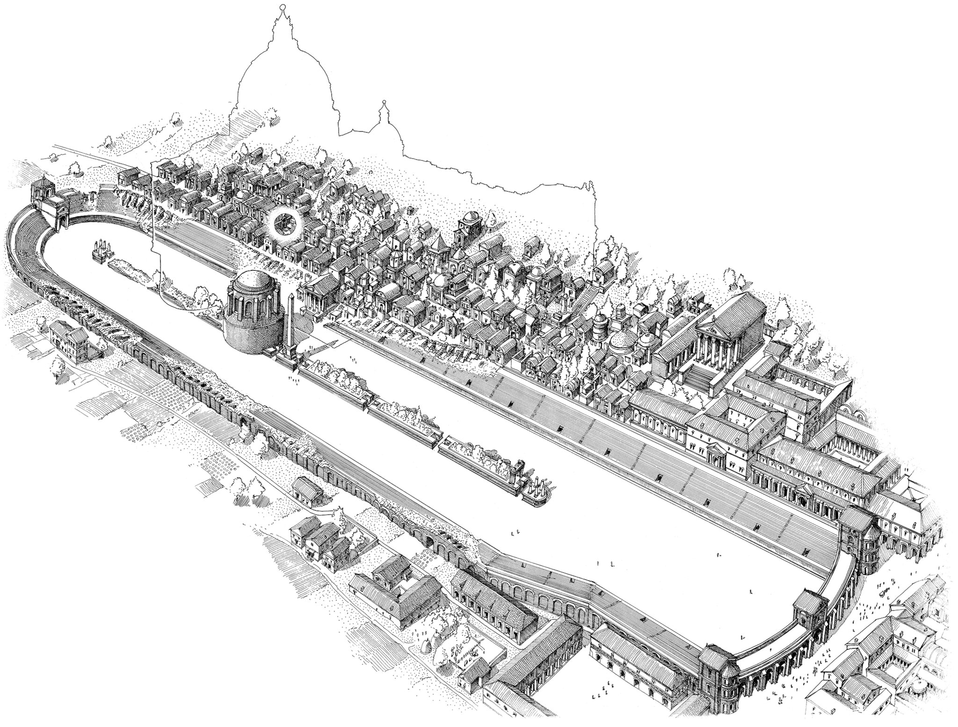 An illustration of the Vatican necropolis with a street in the middle, an obelisk, and an outline of the eventual St. Peter's Basilica