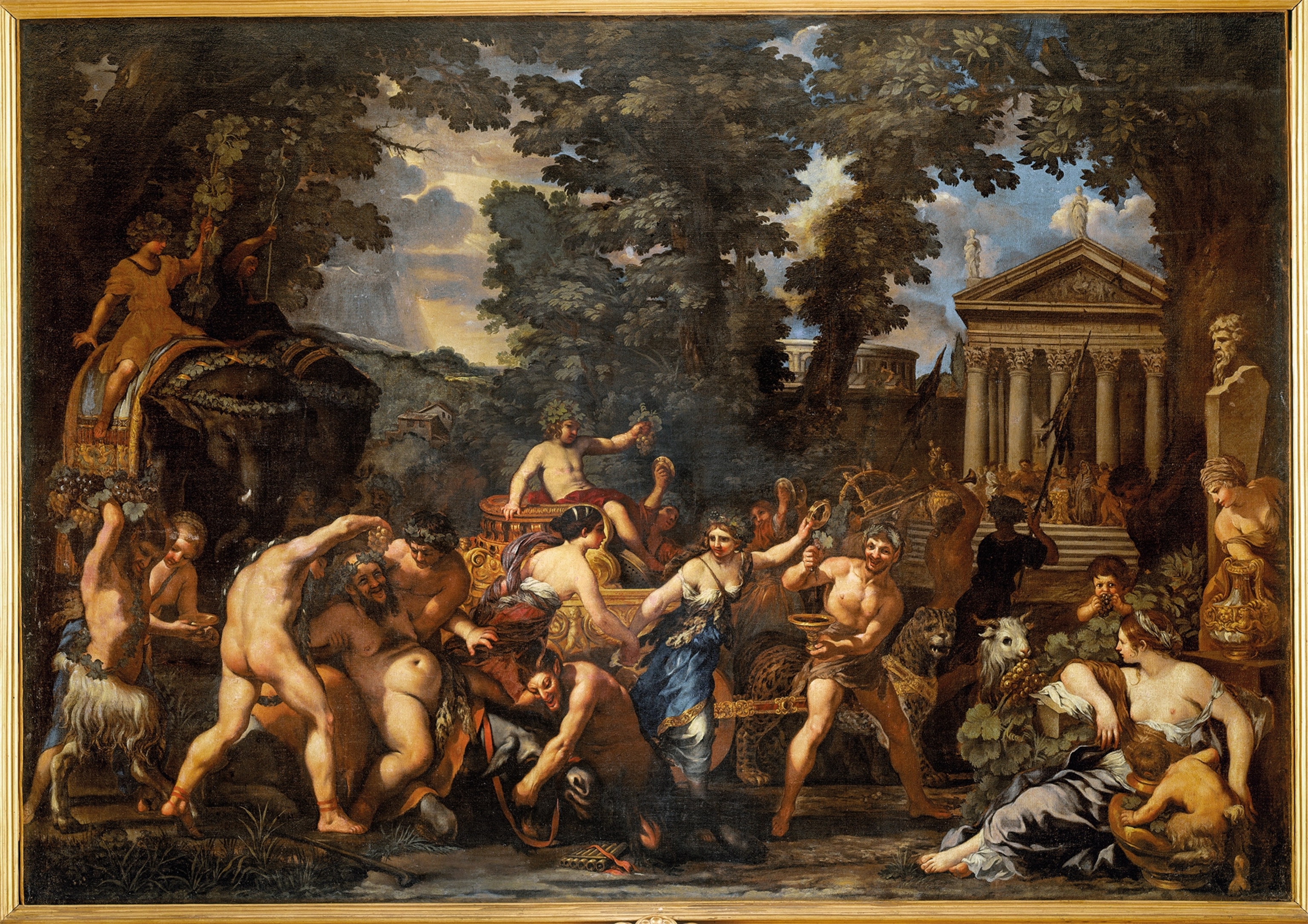 Dionysus returns to Greece from India. He is represented here in this circa 1625 oil painting by Pietro da Cortona as a child holding bunches of grapes.