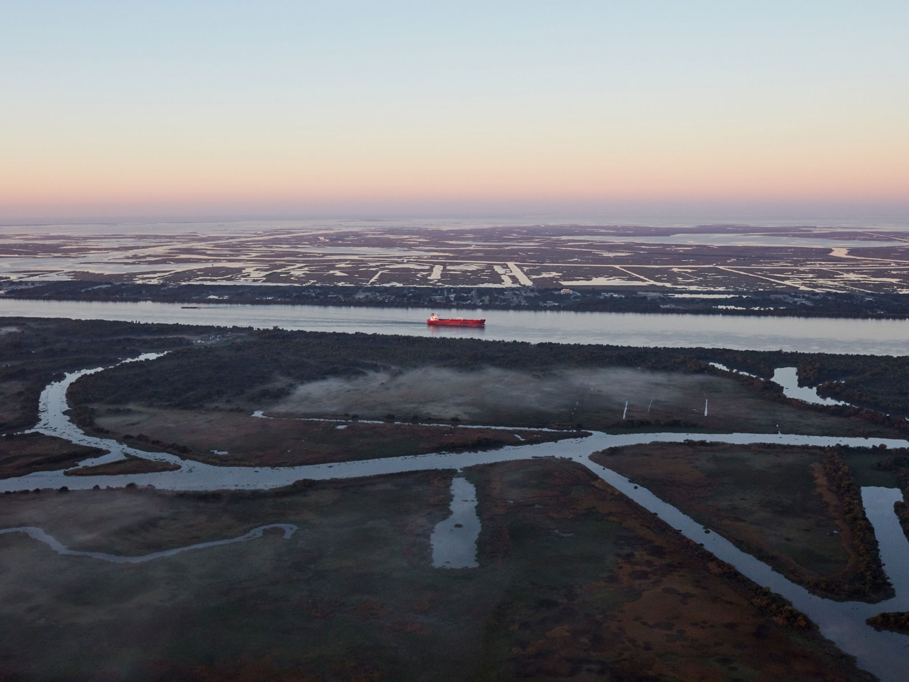 A commercial ship on the Mississippi River