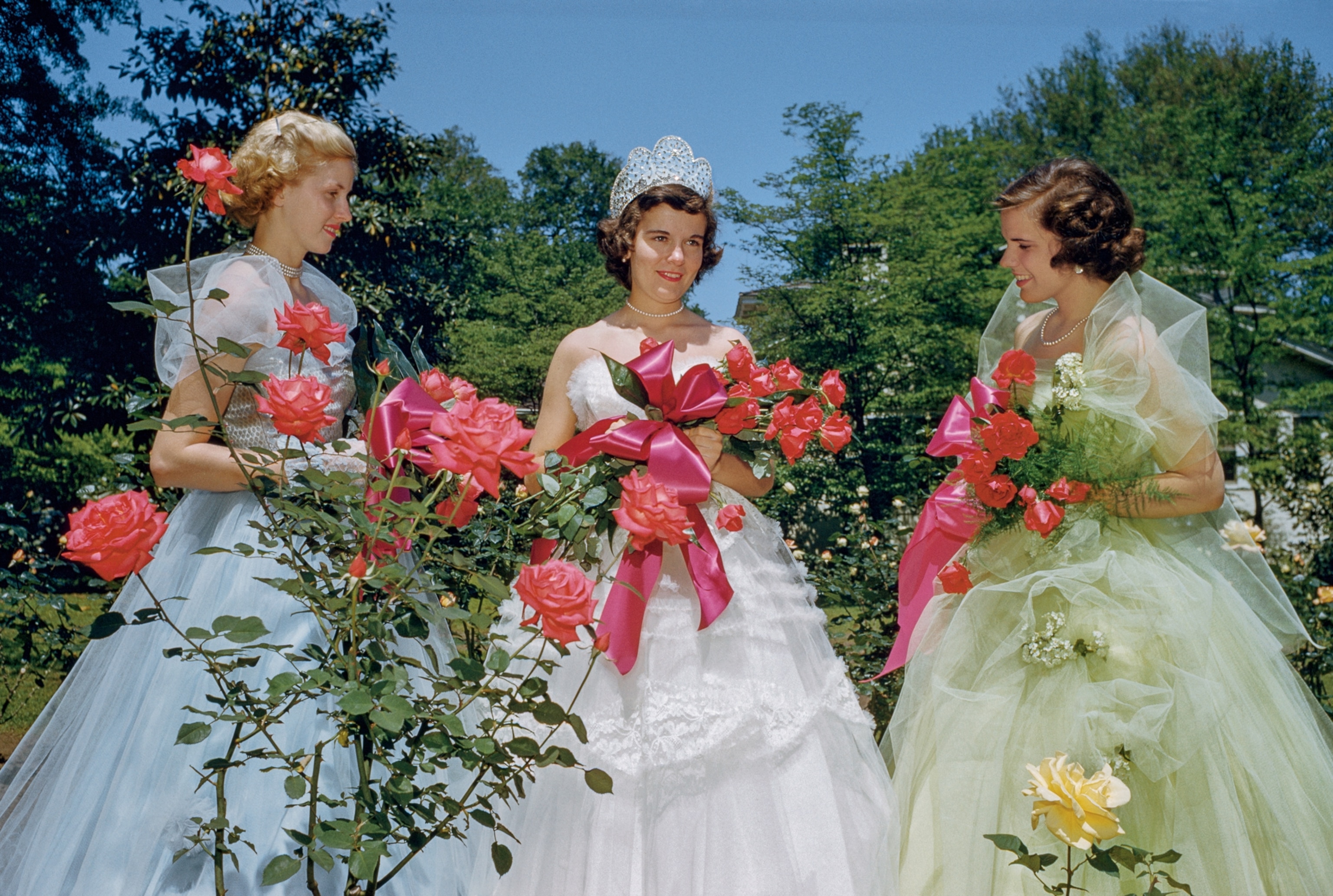 tree young women dressed up in gowns holding roses.