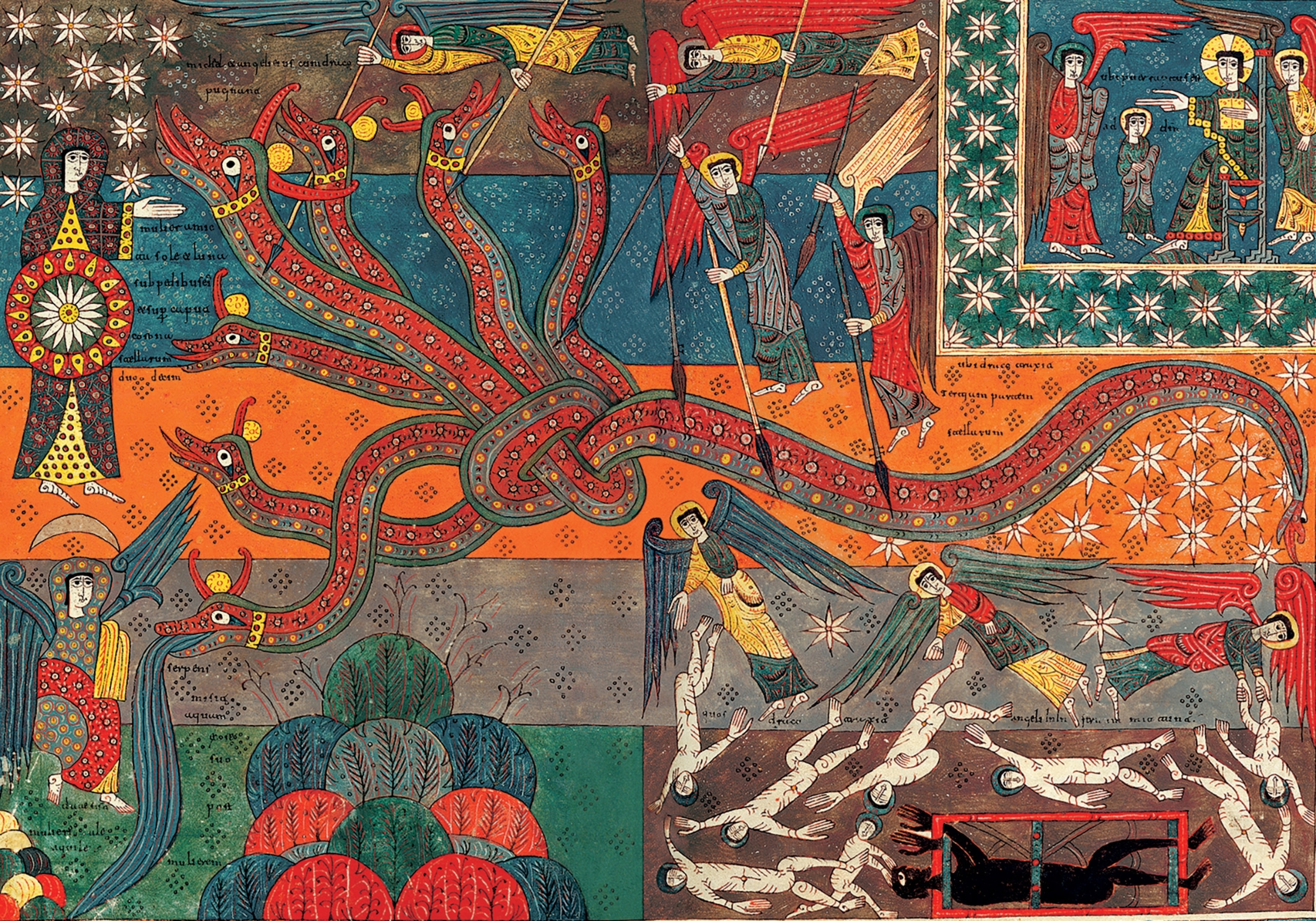 One of the most dazzling compositions in the Silos Apocalypse recounts a great battle in heaven in which the archangel Michael battles the red dragon, as described in the verses of Revelation 12.
