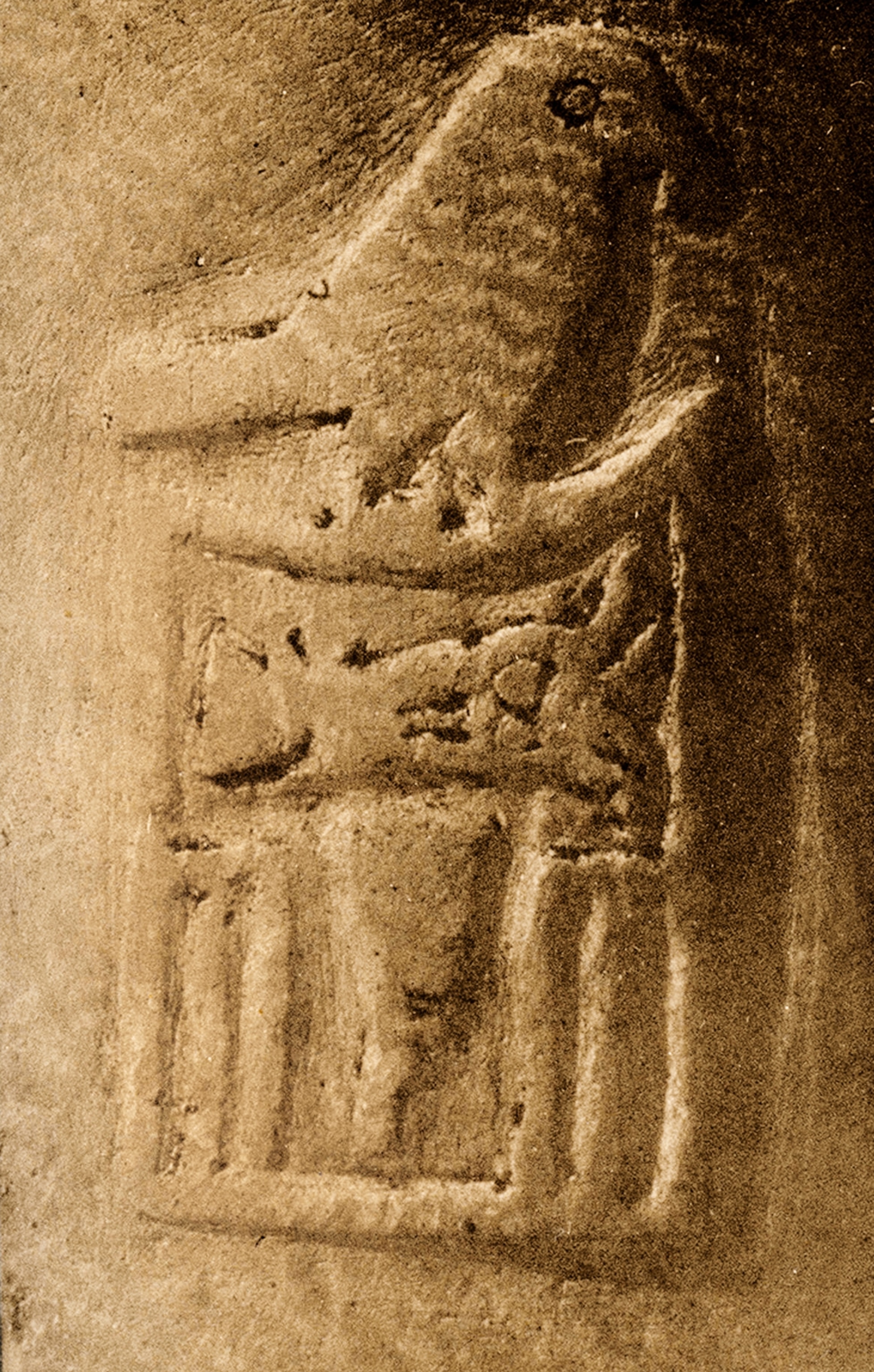 The falcon god Horus perches above the glyphs for Narmer's name, the catfish (nar) and chisel (mer), on a serekh on a 2500 B.C. stone jar from Abydos.