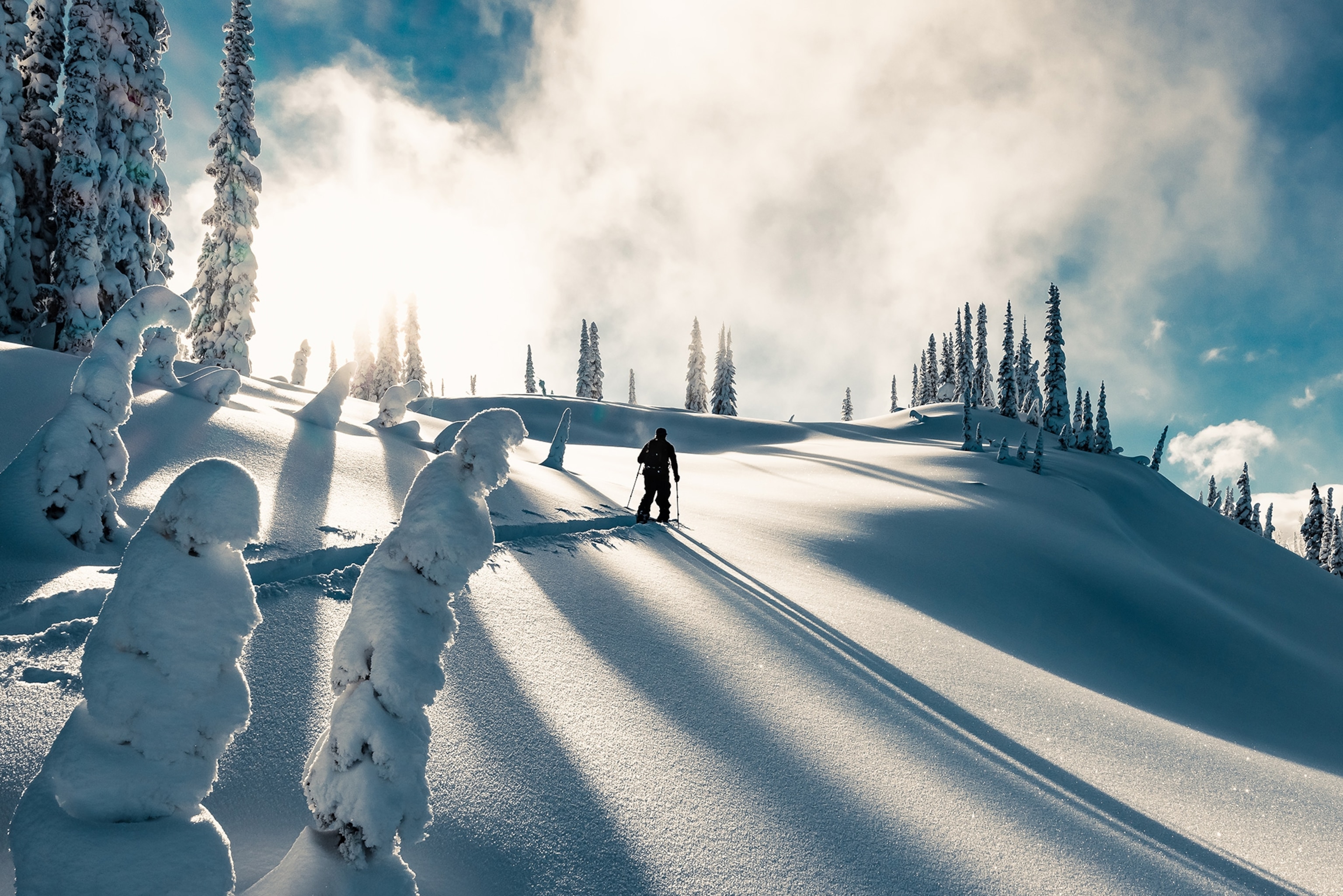 A person walks up a mountain near Revelstoke.