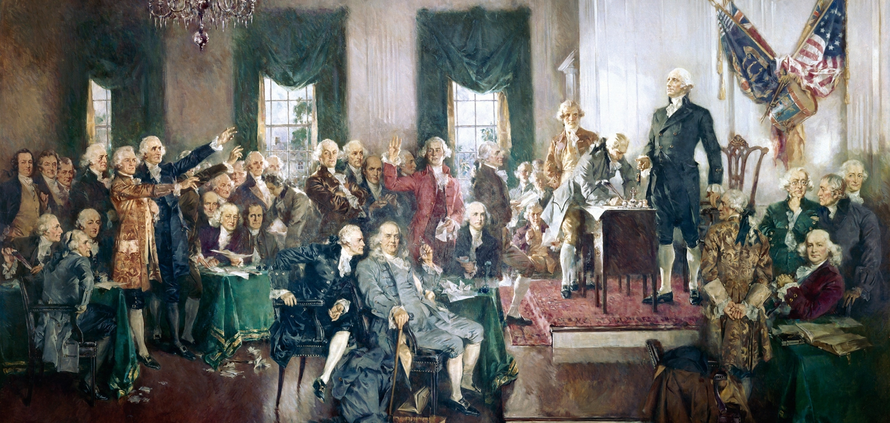 Washington overseeing the signing of the Constitution at Independence Hall
