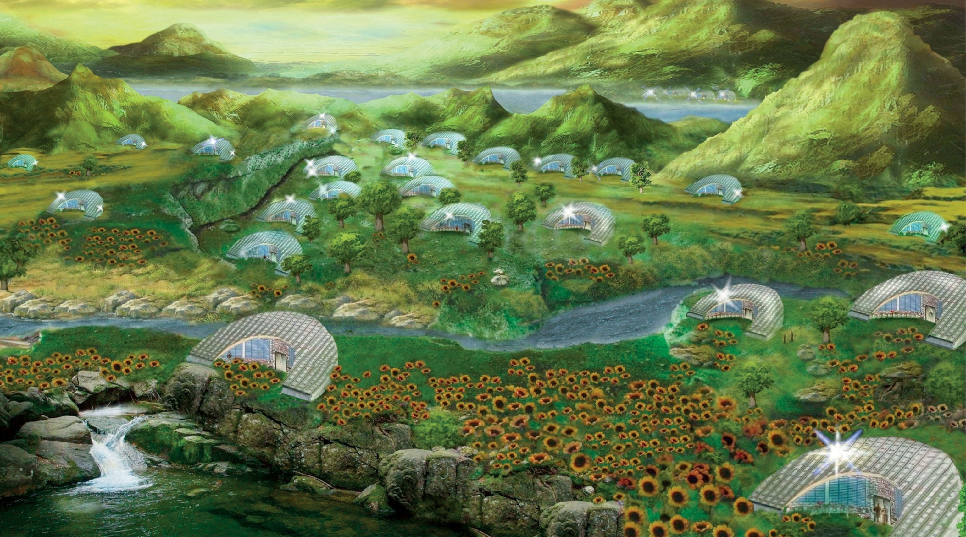 a large green terrain with solar powered u shaped houses across it