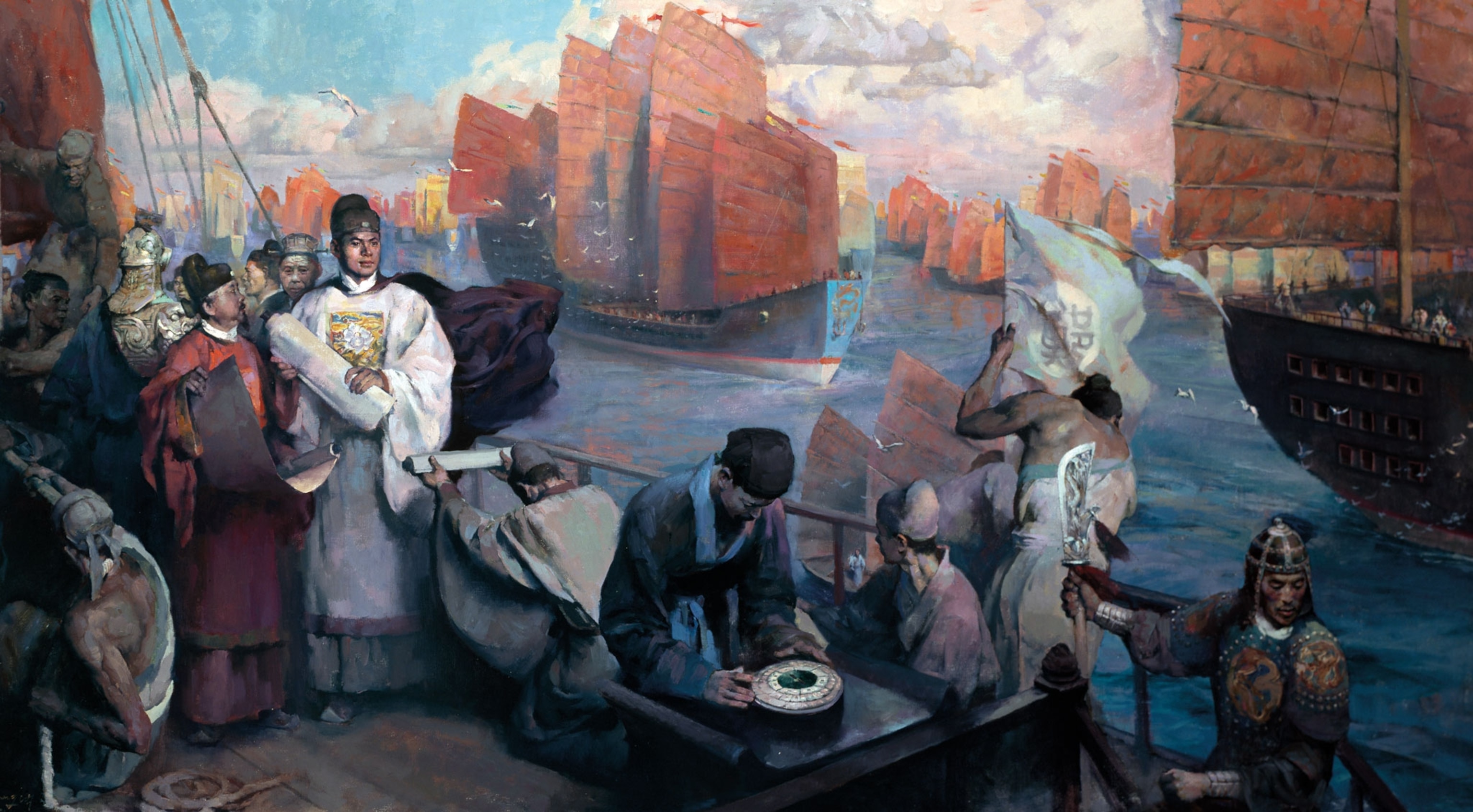 A painting of Zheng He on a ship with his fleet