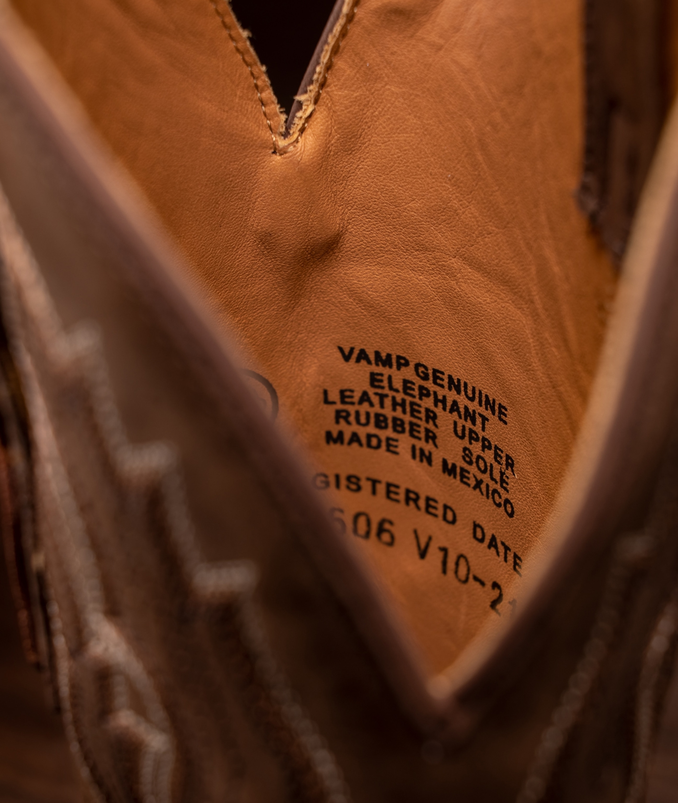 Inside the boots, black lettering states that the product is genuine elephant leather, just as Boot Barn advertised online.