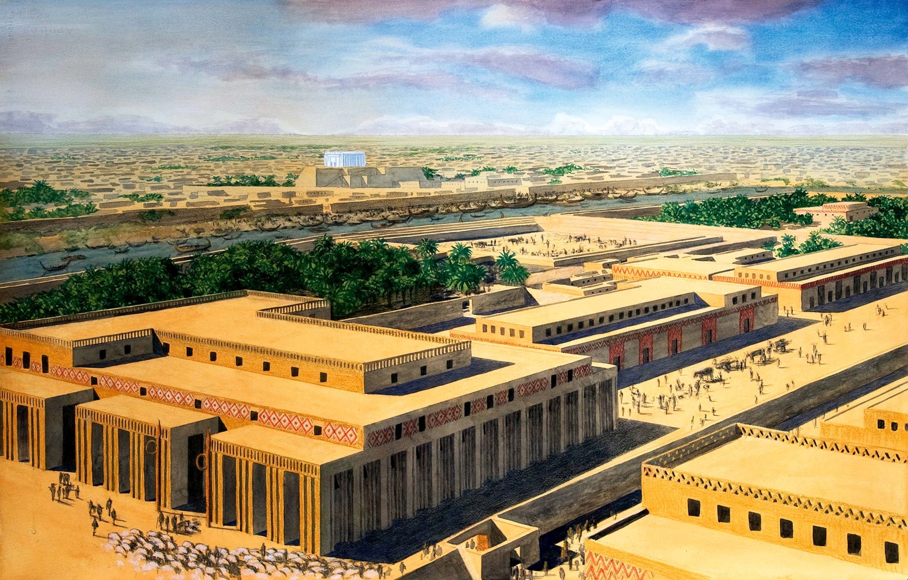 An illustration of the temple of Eanna above the city of Uruk