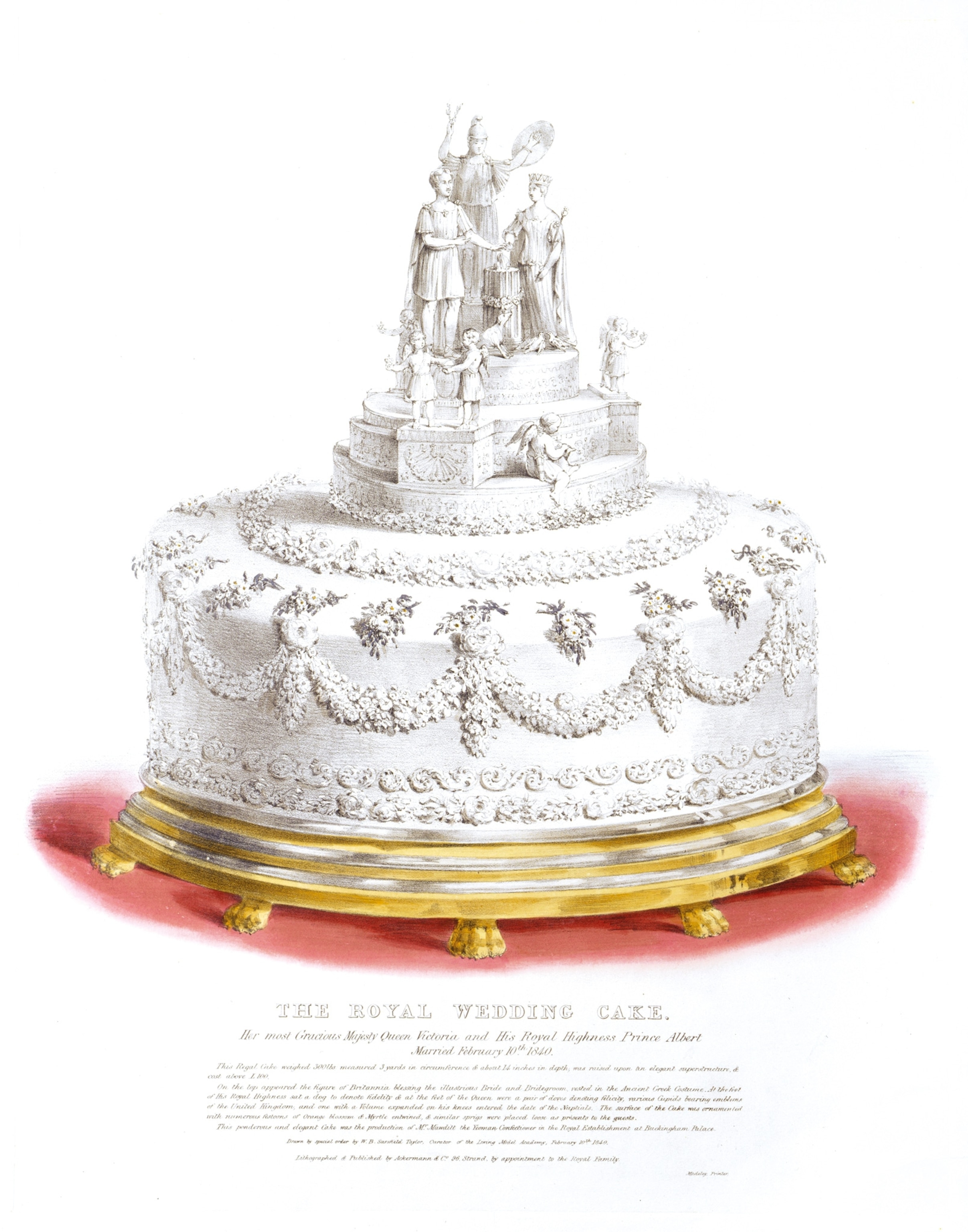 A drawing of an elaborate white wedding cake
