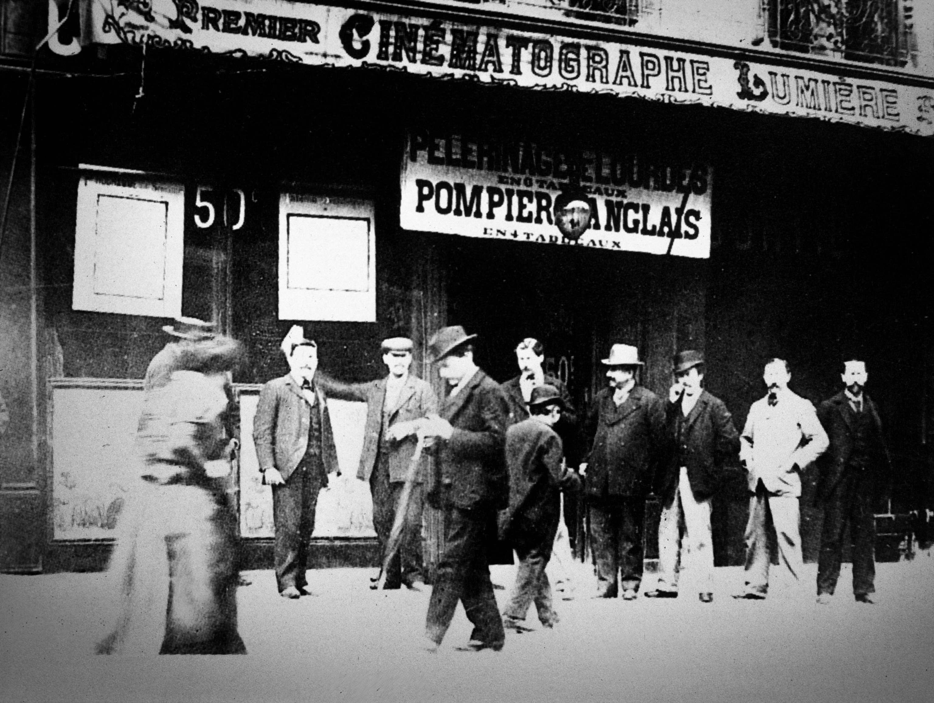 customers gather outside a Lumière theater in France