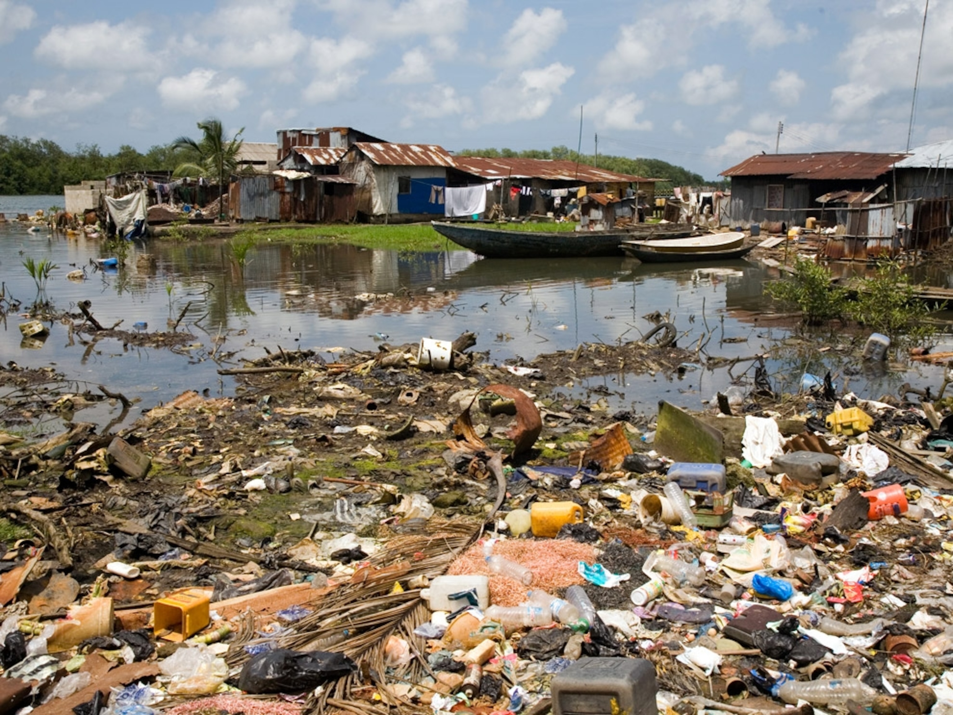 trash littering a harbor