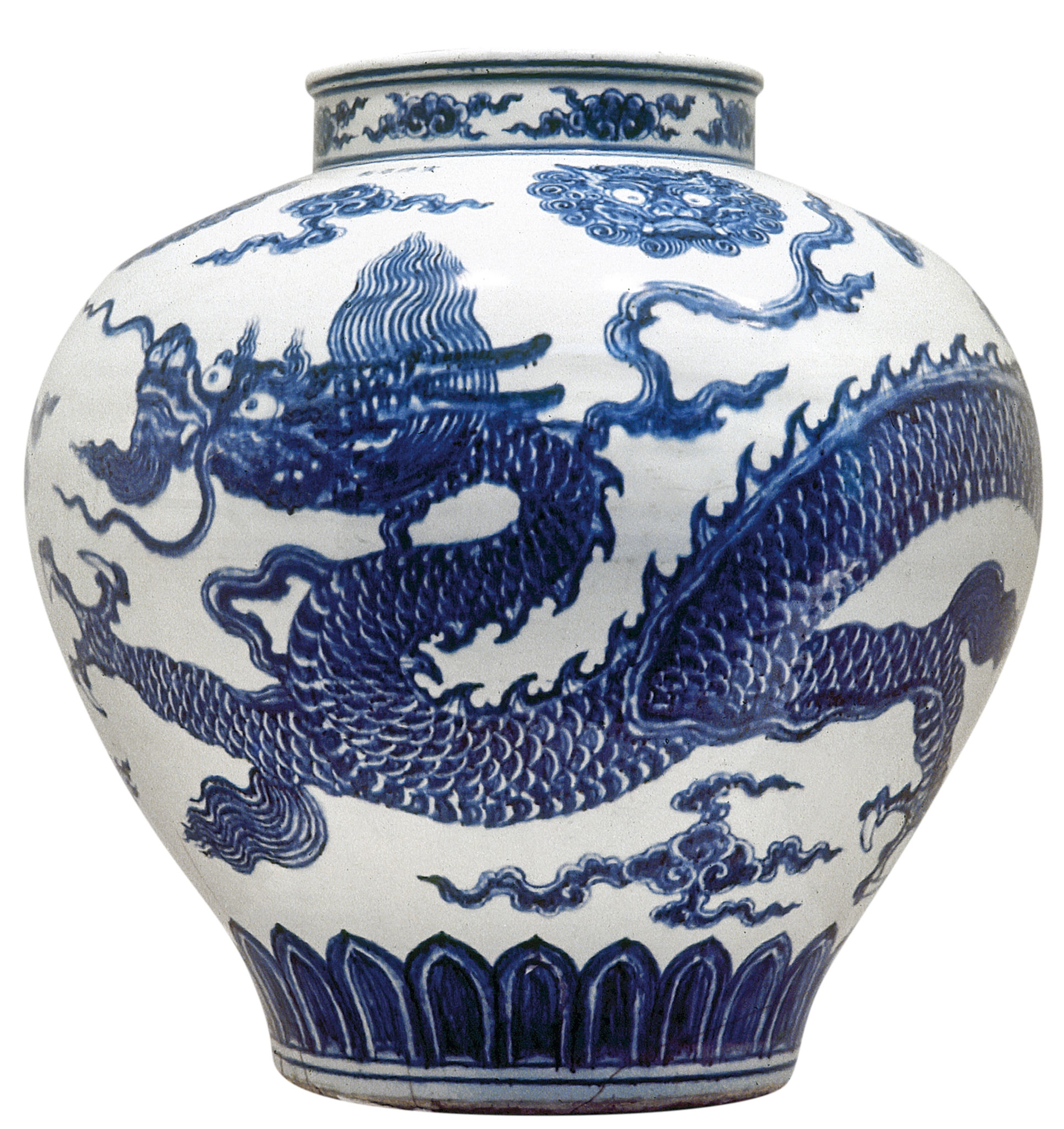 a blue and white vase with a dragon painted on it