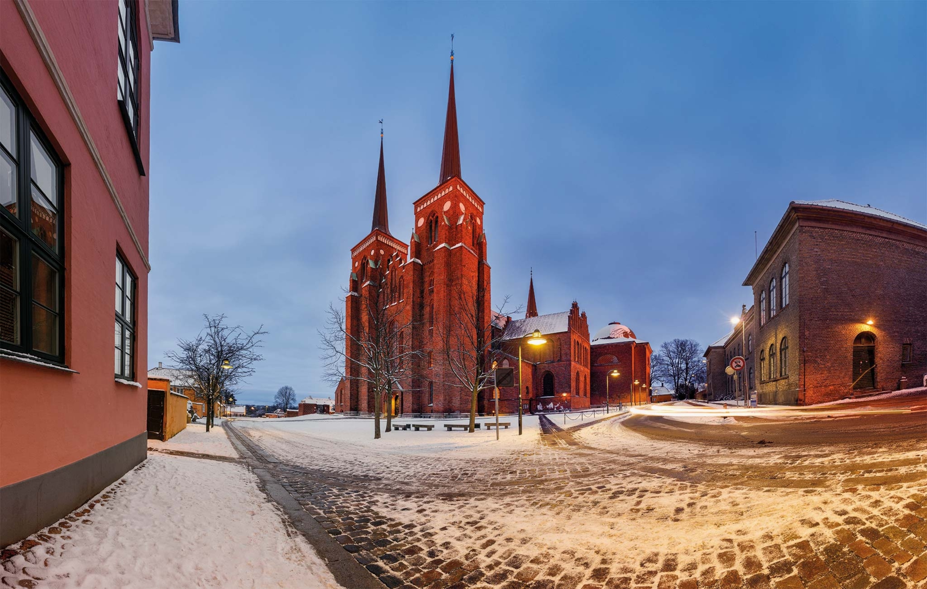 A view of the red brick Gothic cathedral in Roskilde