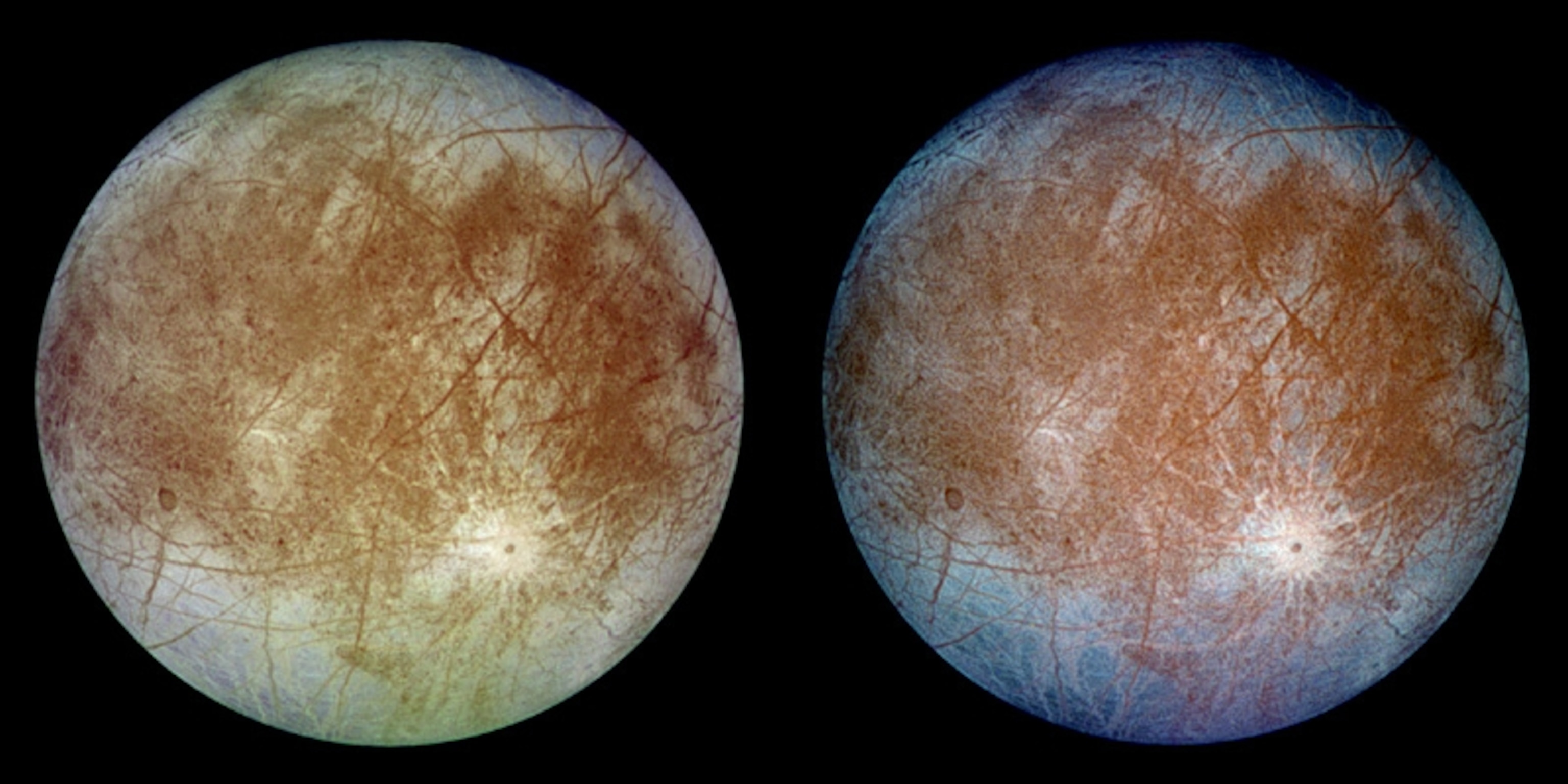 Europa, as seen by the Galileo spacecraft in 1996. On the left, a true color image. On the right, a color-enhanced version. (NASA)