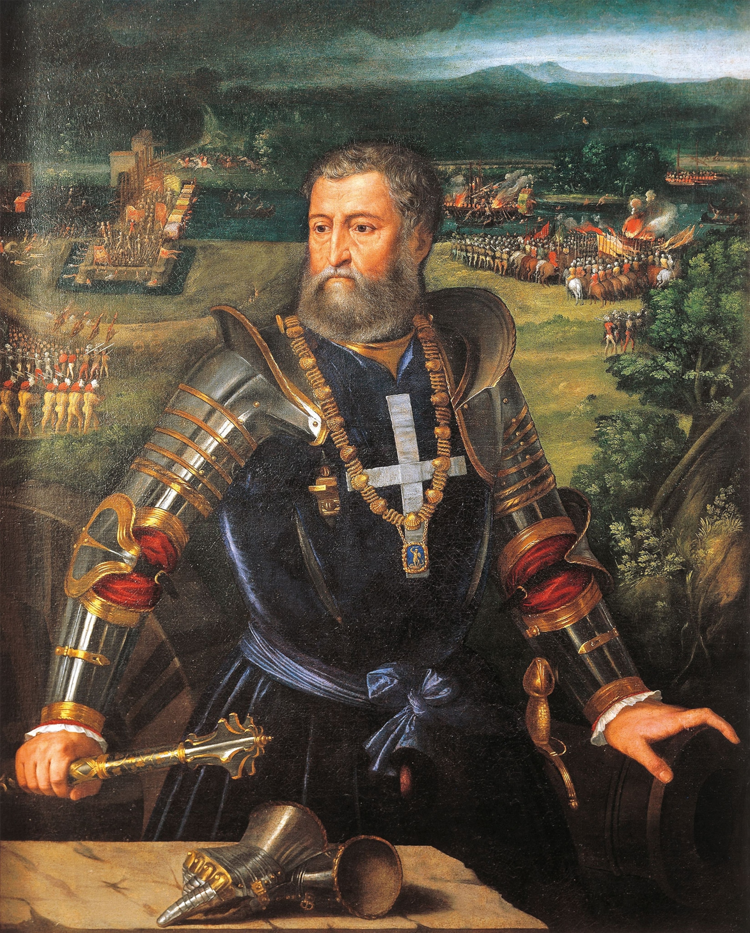 A painted portrait of a man in armor, holding a sceptor