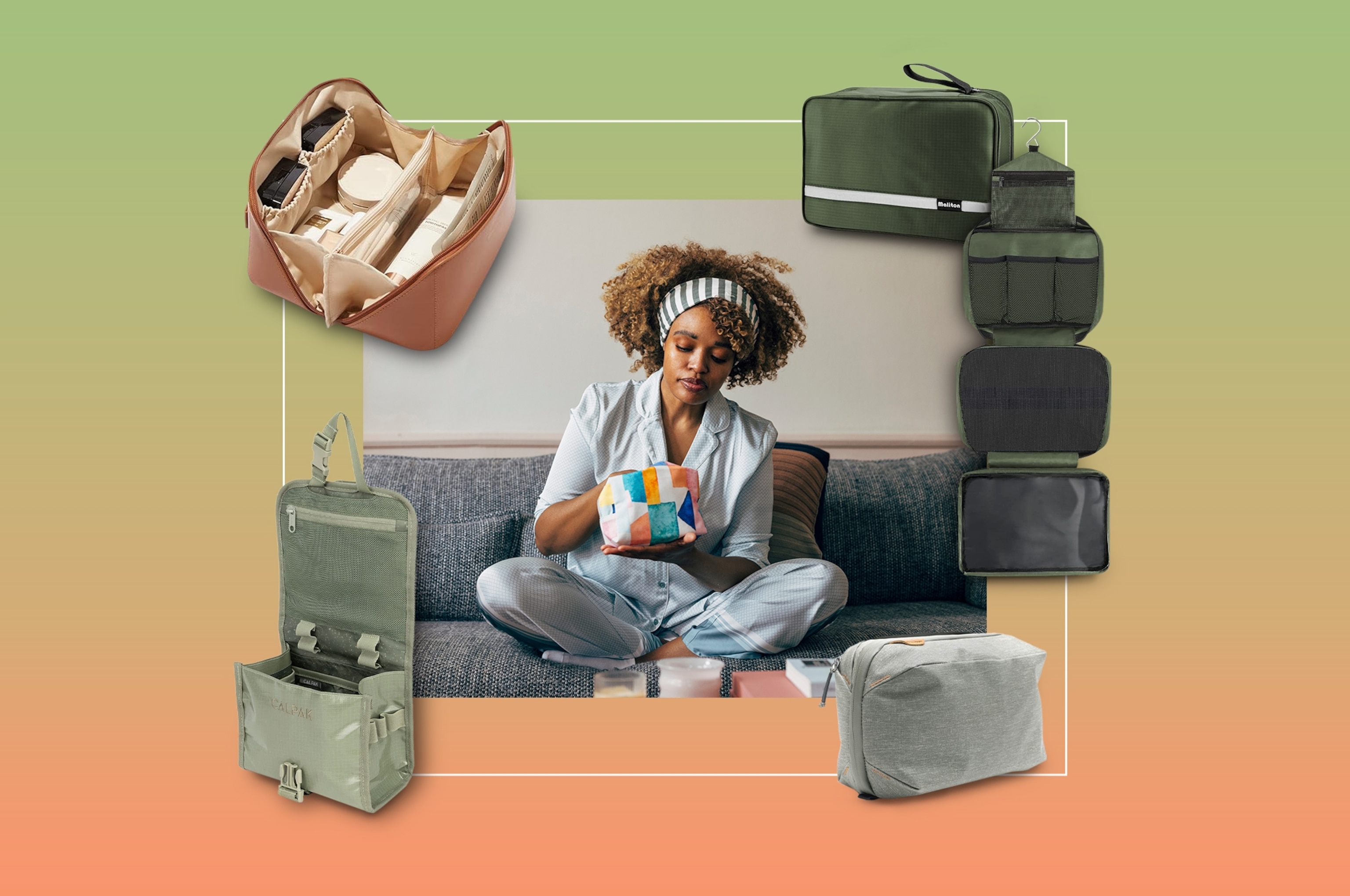 A woman sits on a sofa while looking into a colorful toiletry bag.
