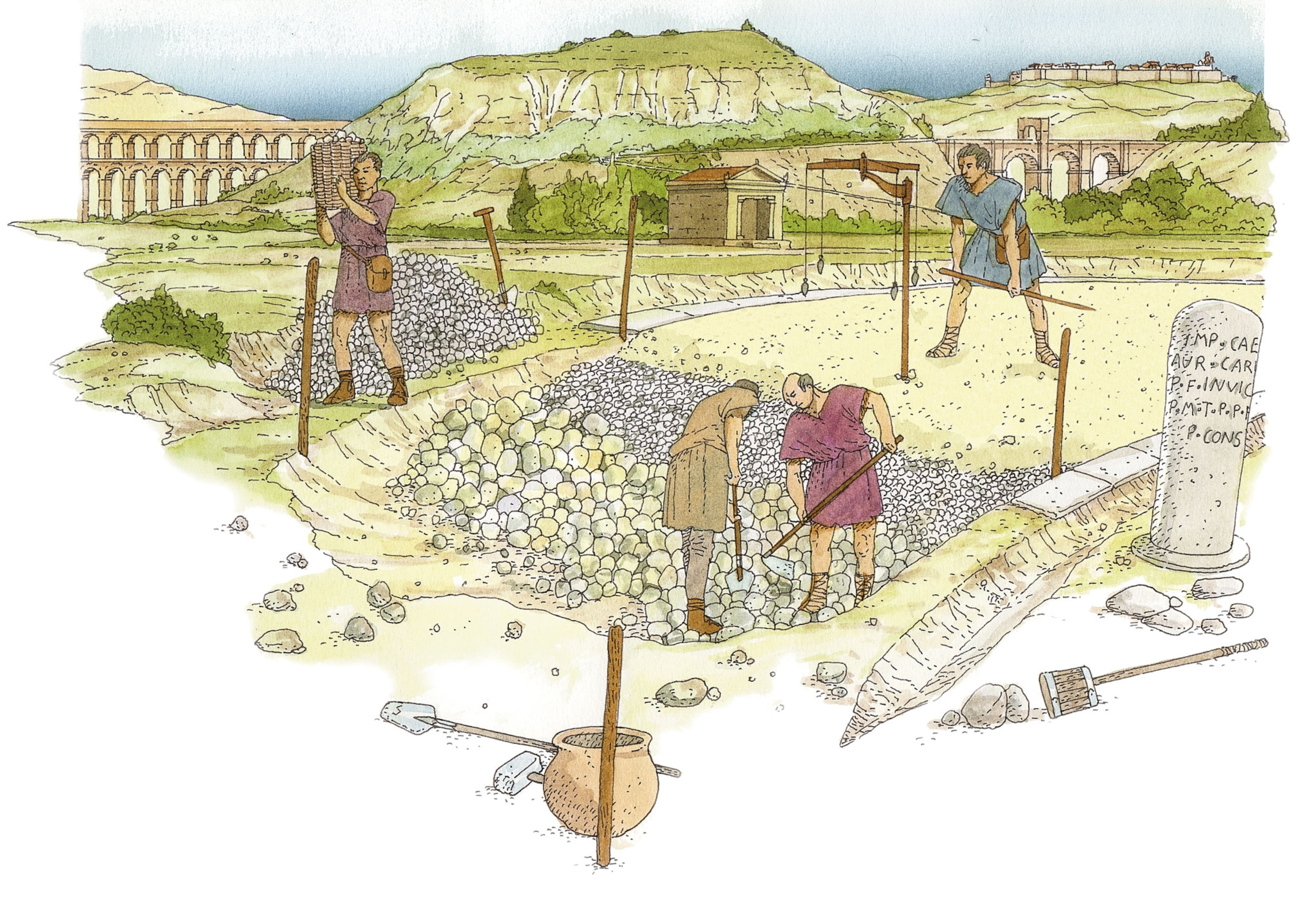 A drawing of men building a road
