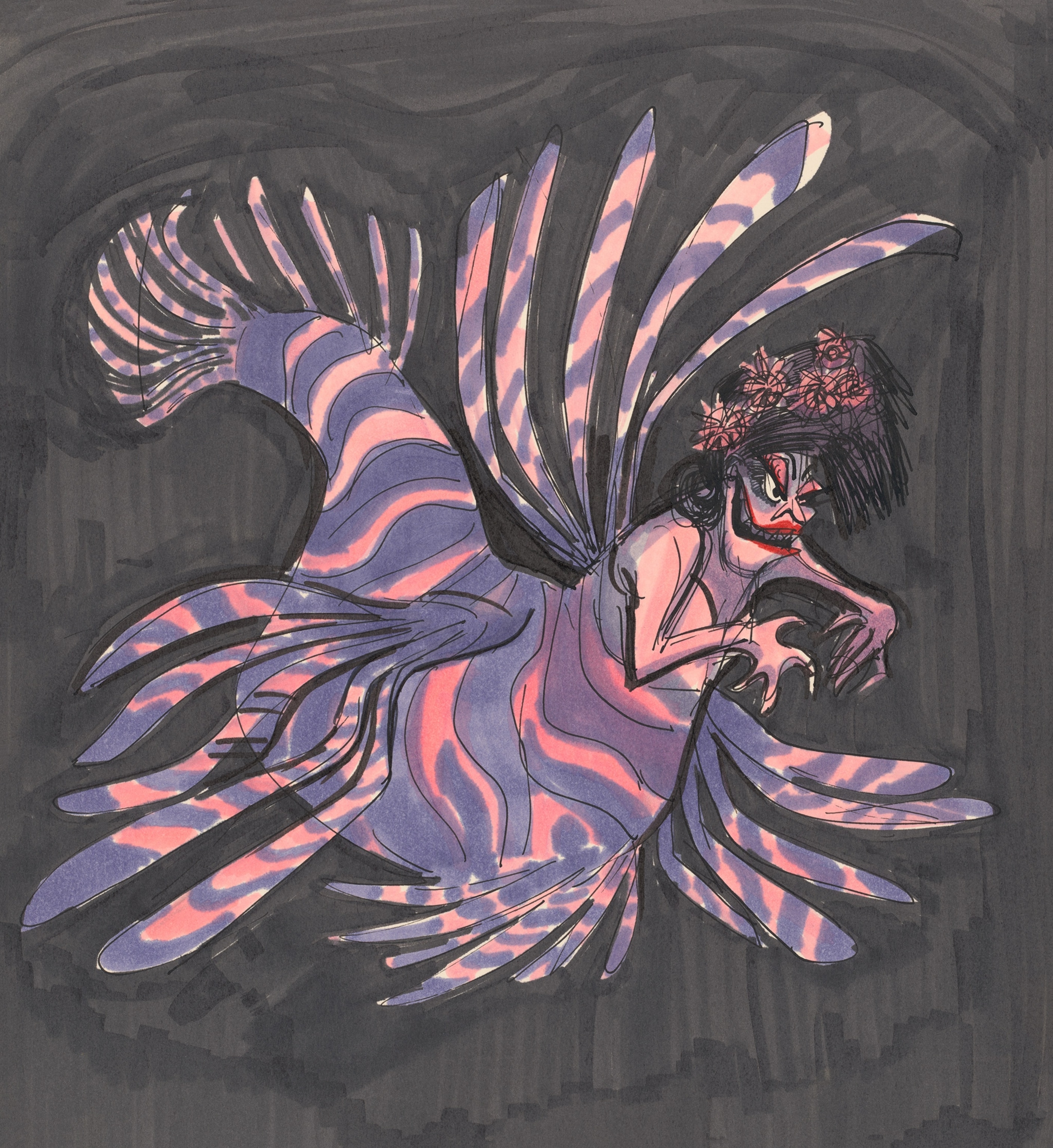 An illustration pink and purple stripes on black background.