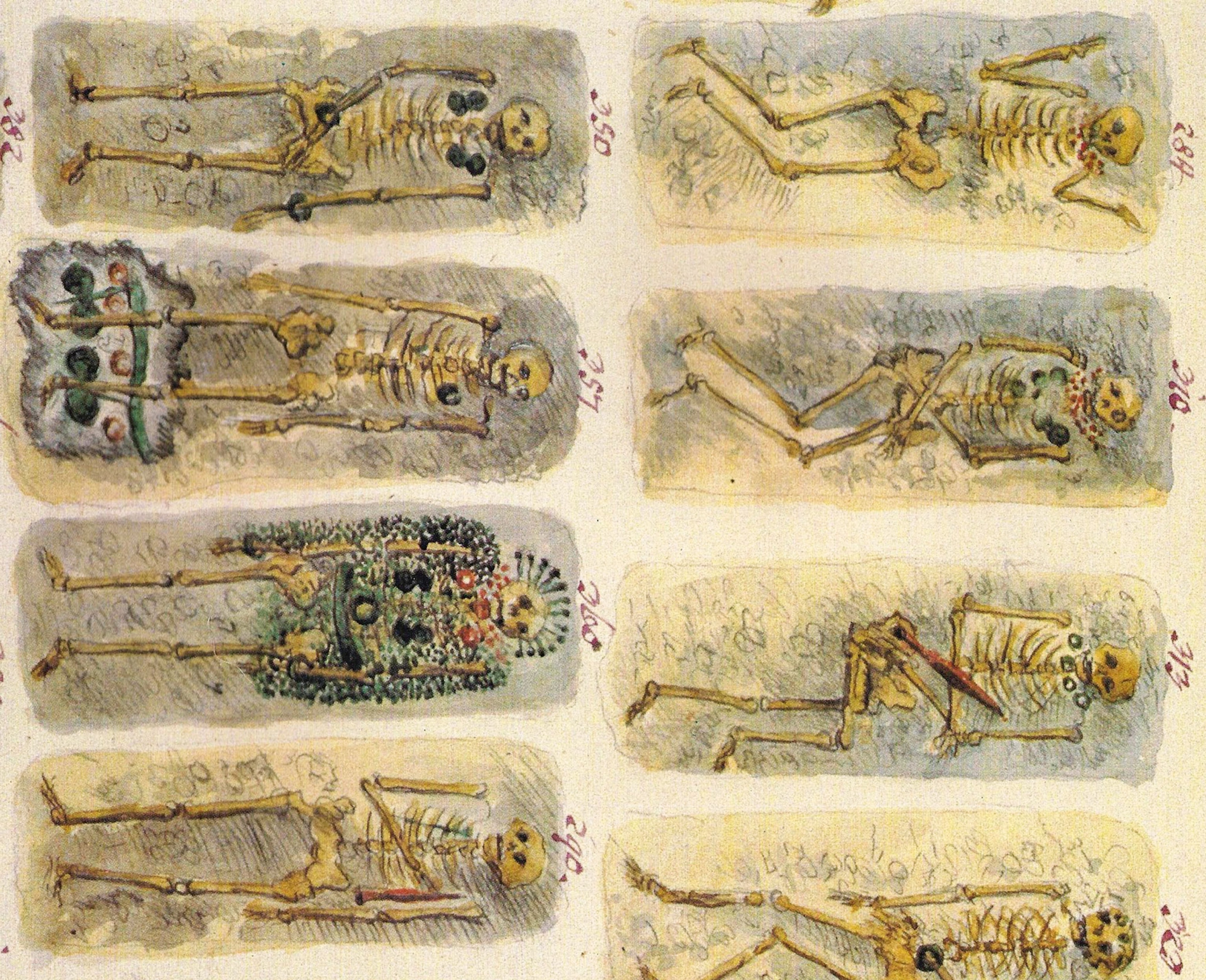 A painting of skeletons in holes