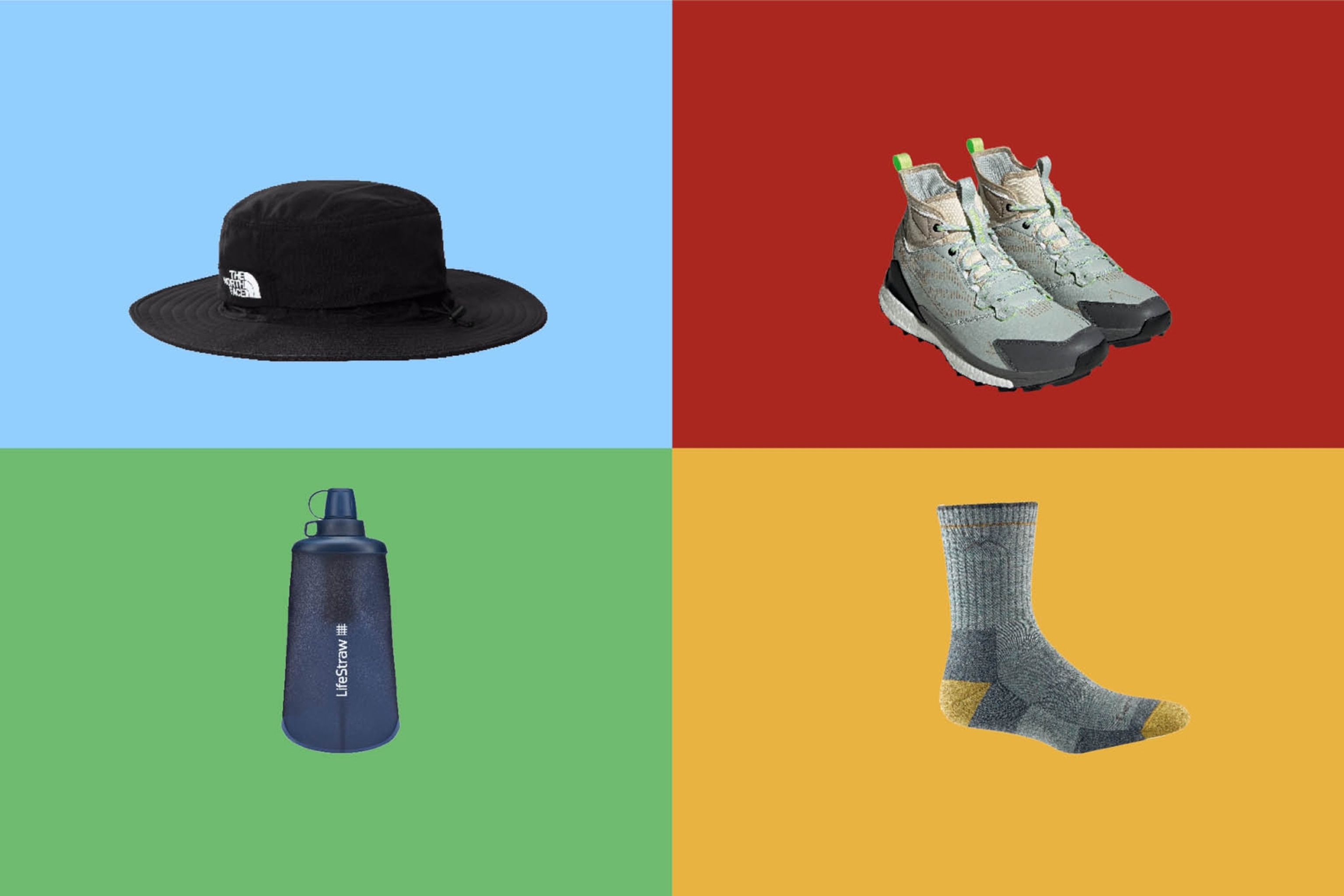 a hat, shoes, water bottle, socks
