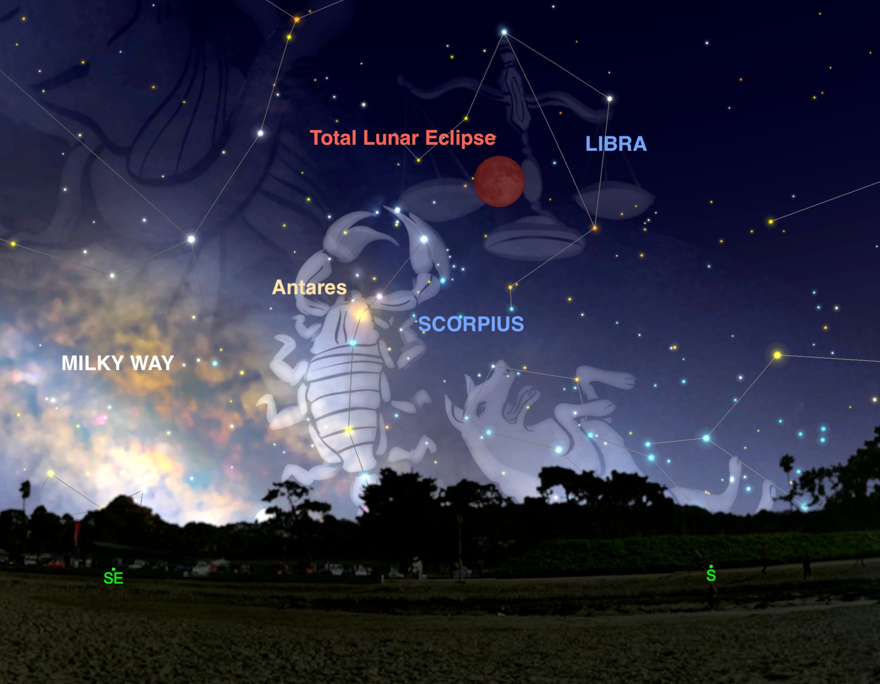 Picture of a chart of the night sky illustrating the position of the moon during totality and surrounding constellations.