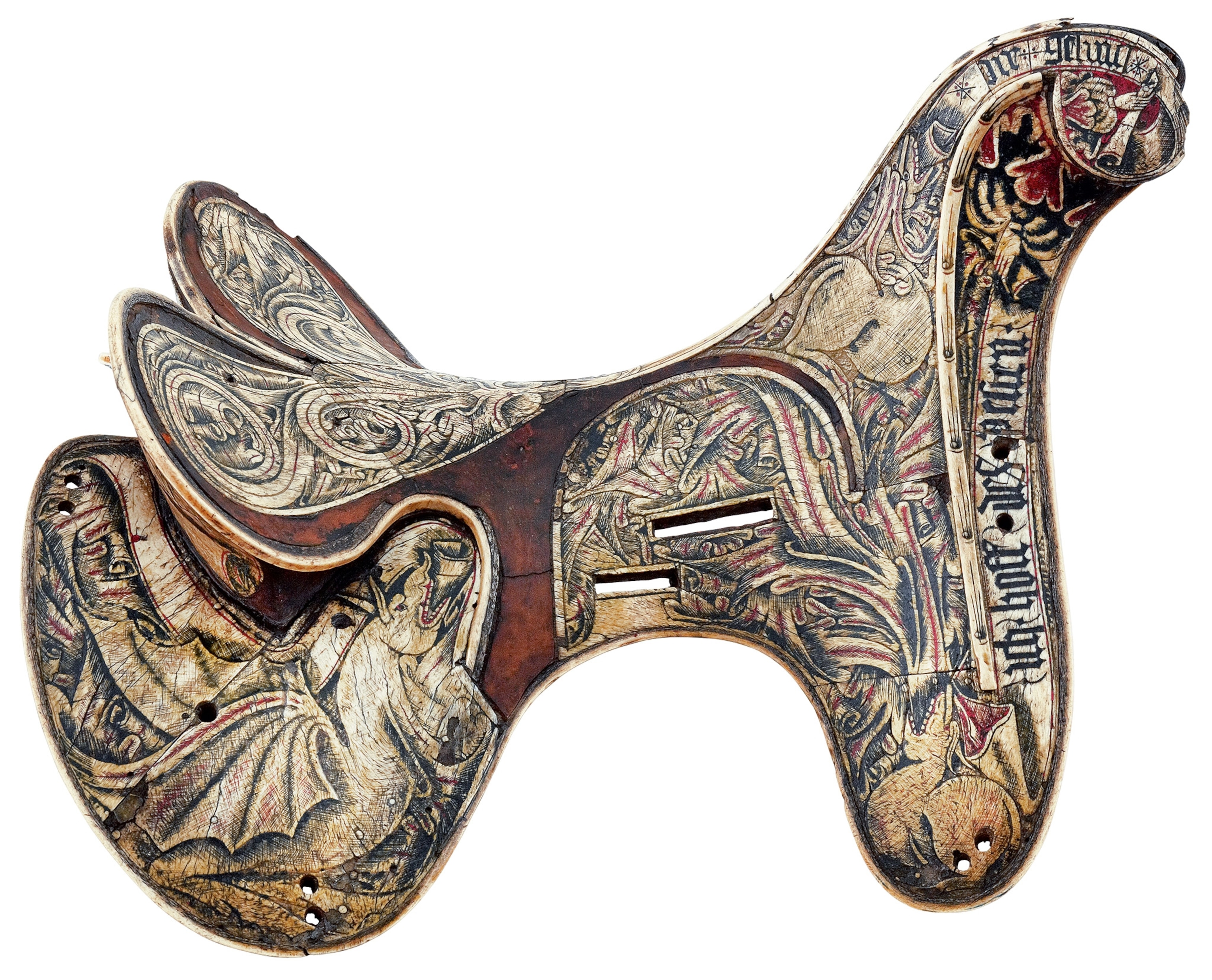 A 1440 saddle is pictured bearing the symbol of the Order of the Dragon. It's housed at the Royal Armouries Museum in Leeds, England.