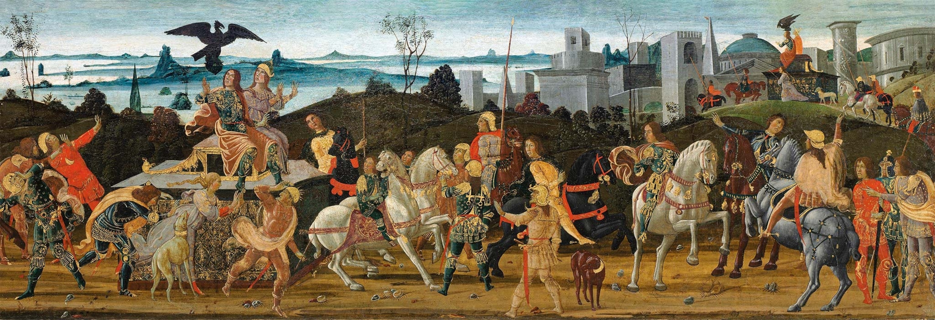 As Tarquin and Tanaquil arrive in Rome, an eagle snatches Tarquin's hat before replacing it on his head in this 15th-century painting by Jacopo del Sellaio.