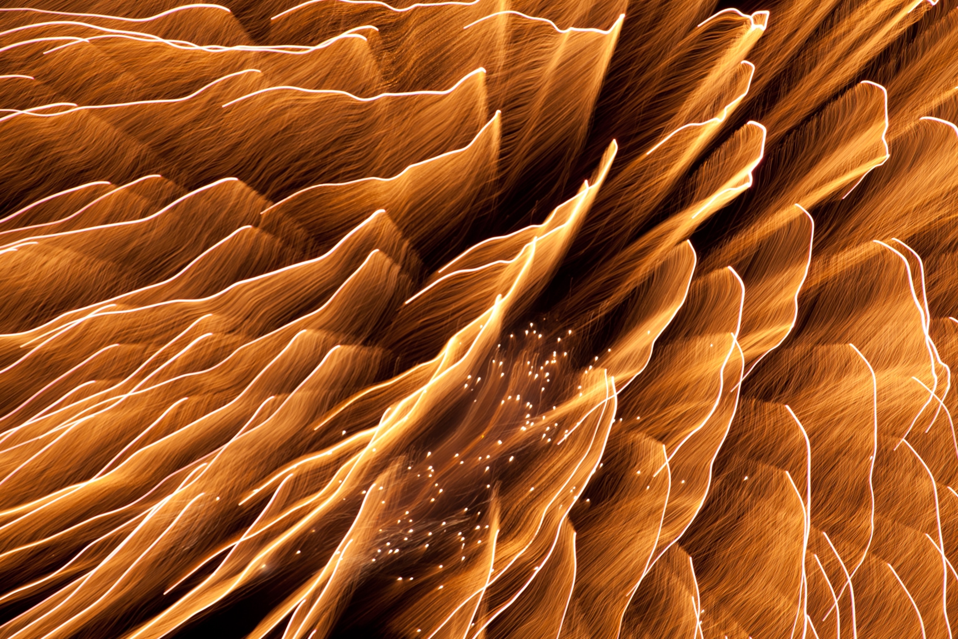 Long exposure of fireworks, which appear as sparkling golden streaks.