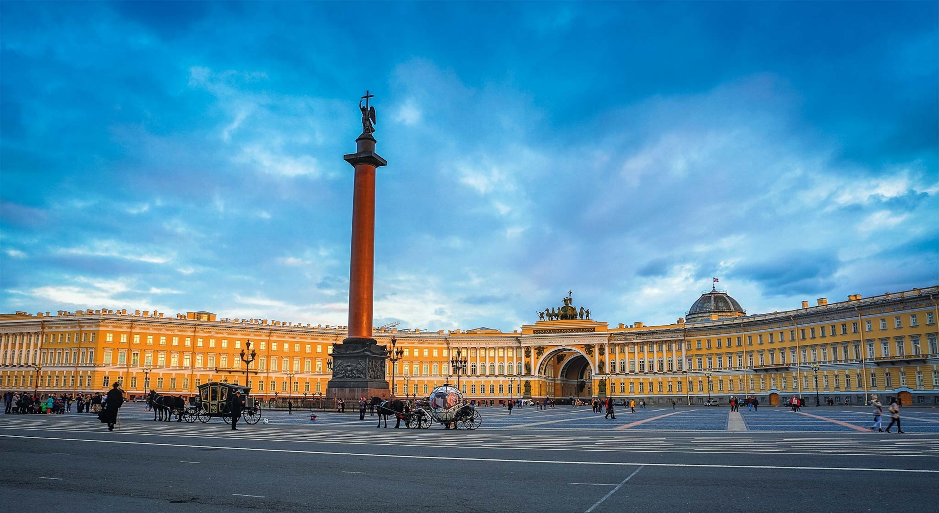Rising high above St. Petersburg, the Alexander Column stands before the Winter Palace, the former residence of Russian royals, and the State Hermitage Museum, founded by Catherine the Great in 1764.