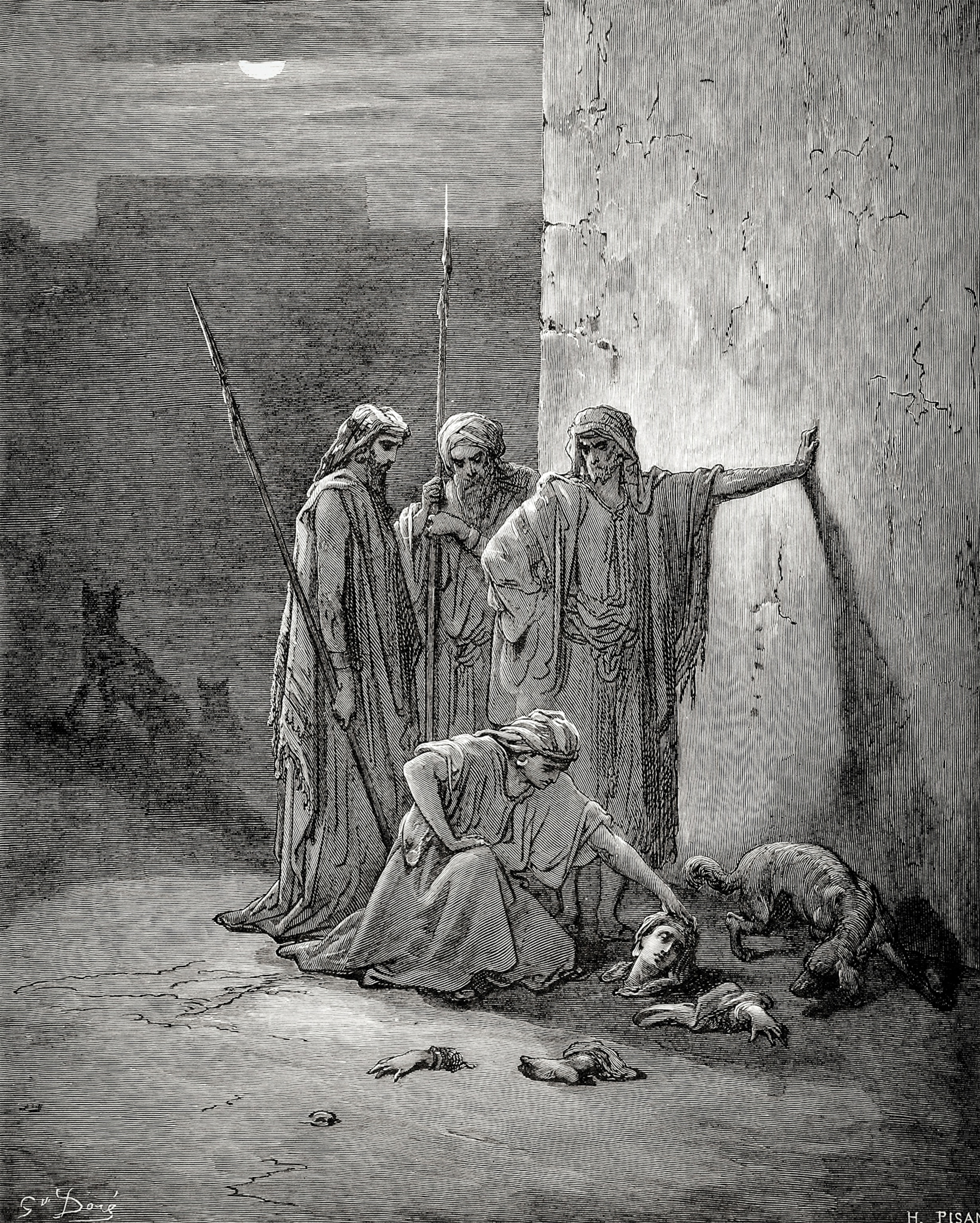 A 19th-century engraving based on an illustration by Gustave Doré depicts the discovery of Jezebel’s remains.