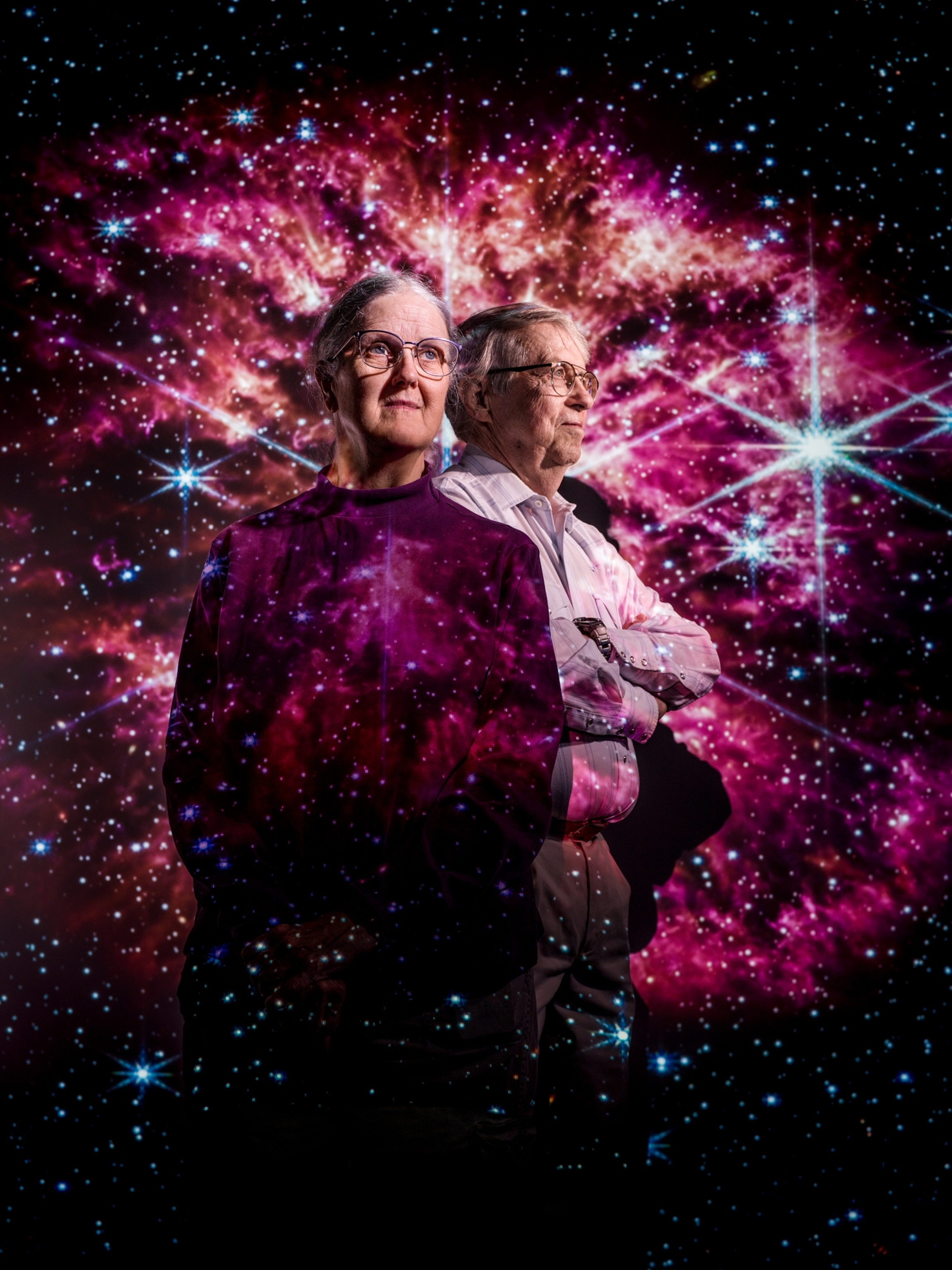 Portrait of Marcia and George Rieke on the background of red dusty clouds.