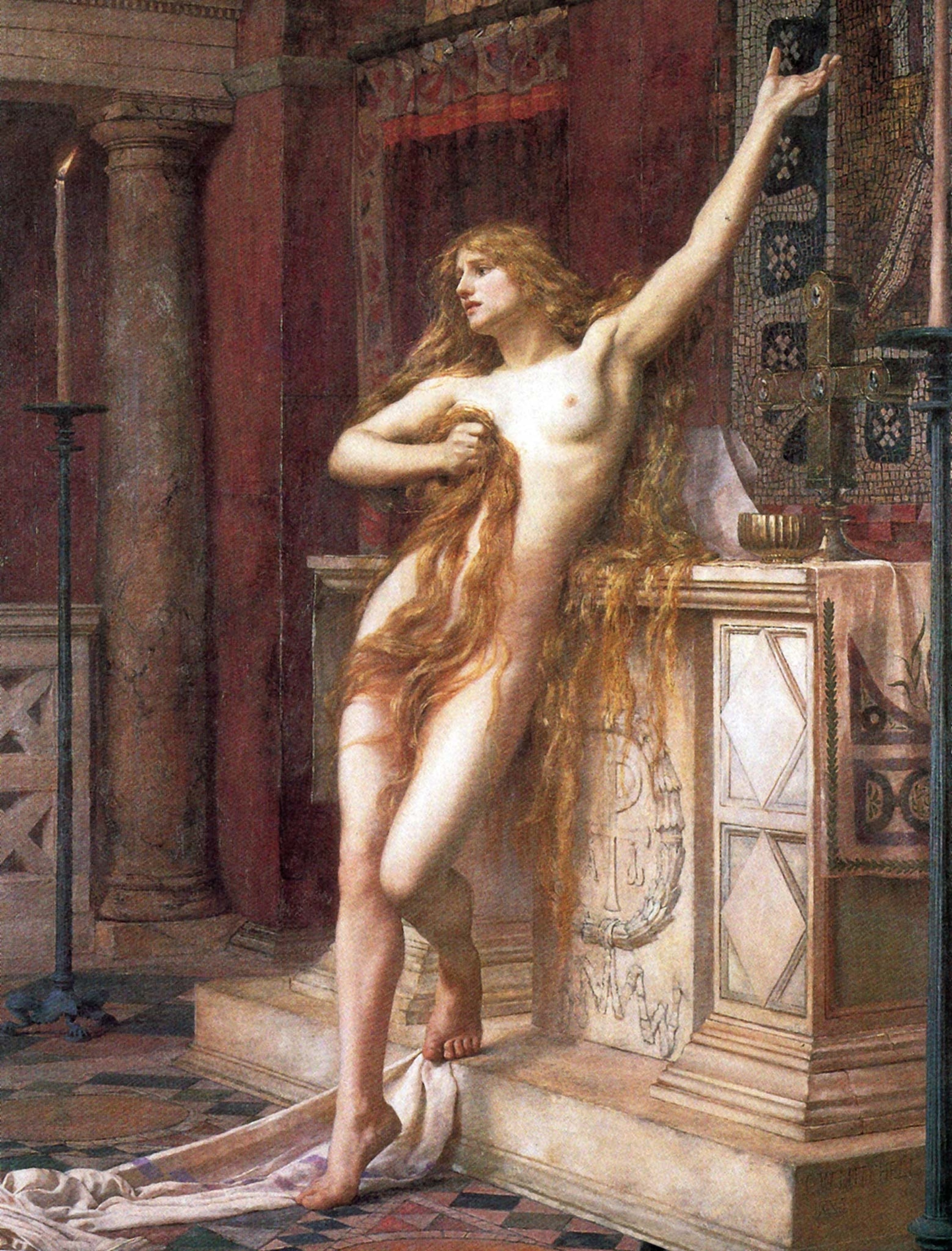 An oil painting of a nude woman before an altar