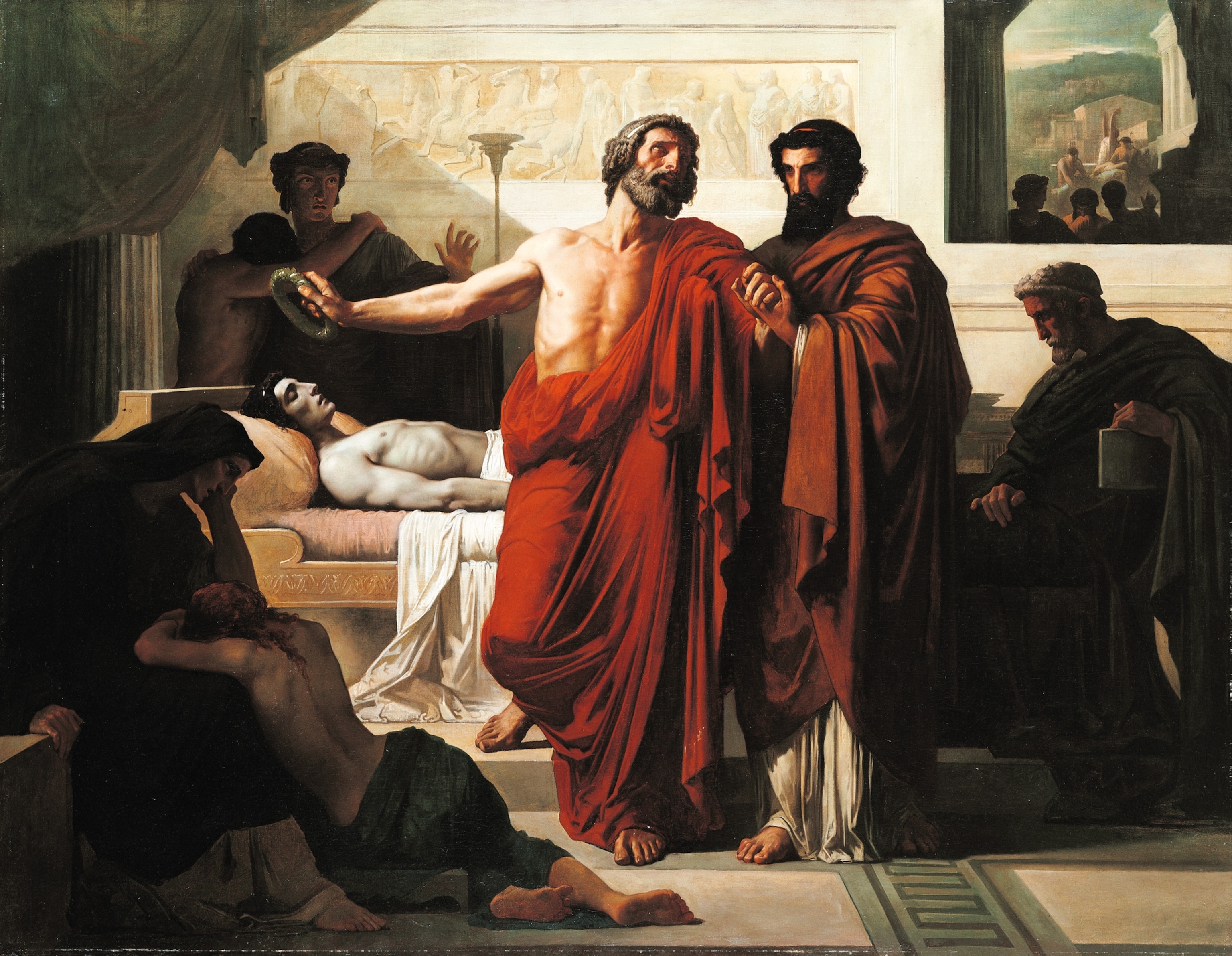 A painting of a man at his son deathbed