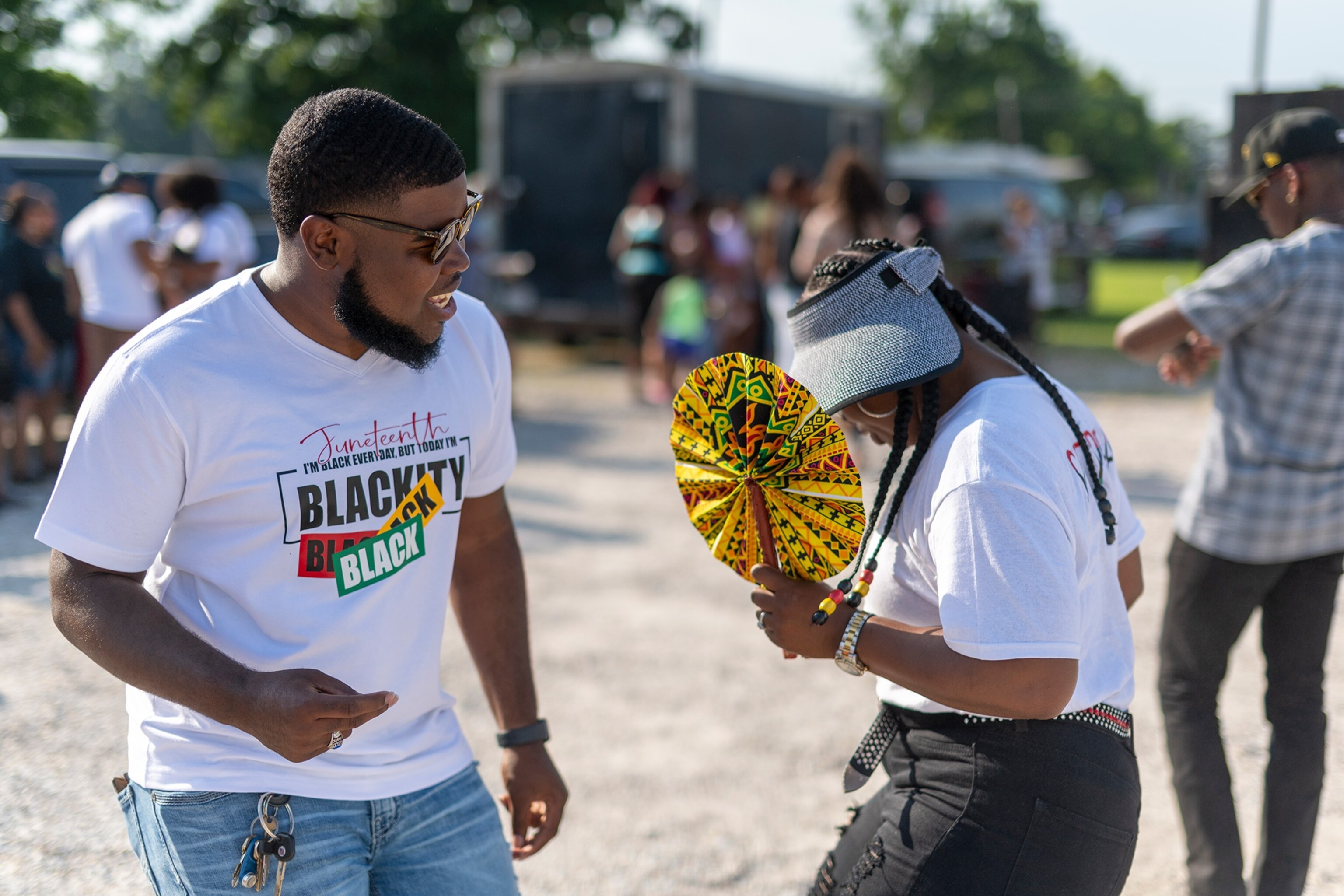 People dance at a Juneteenth celebration in Port Allen, Louisiana.