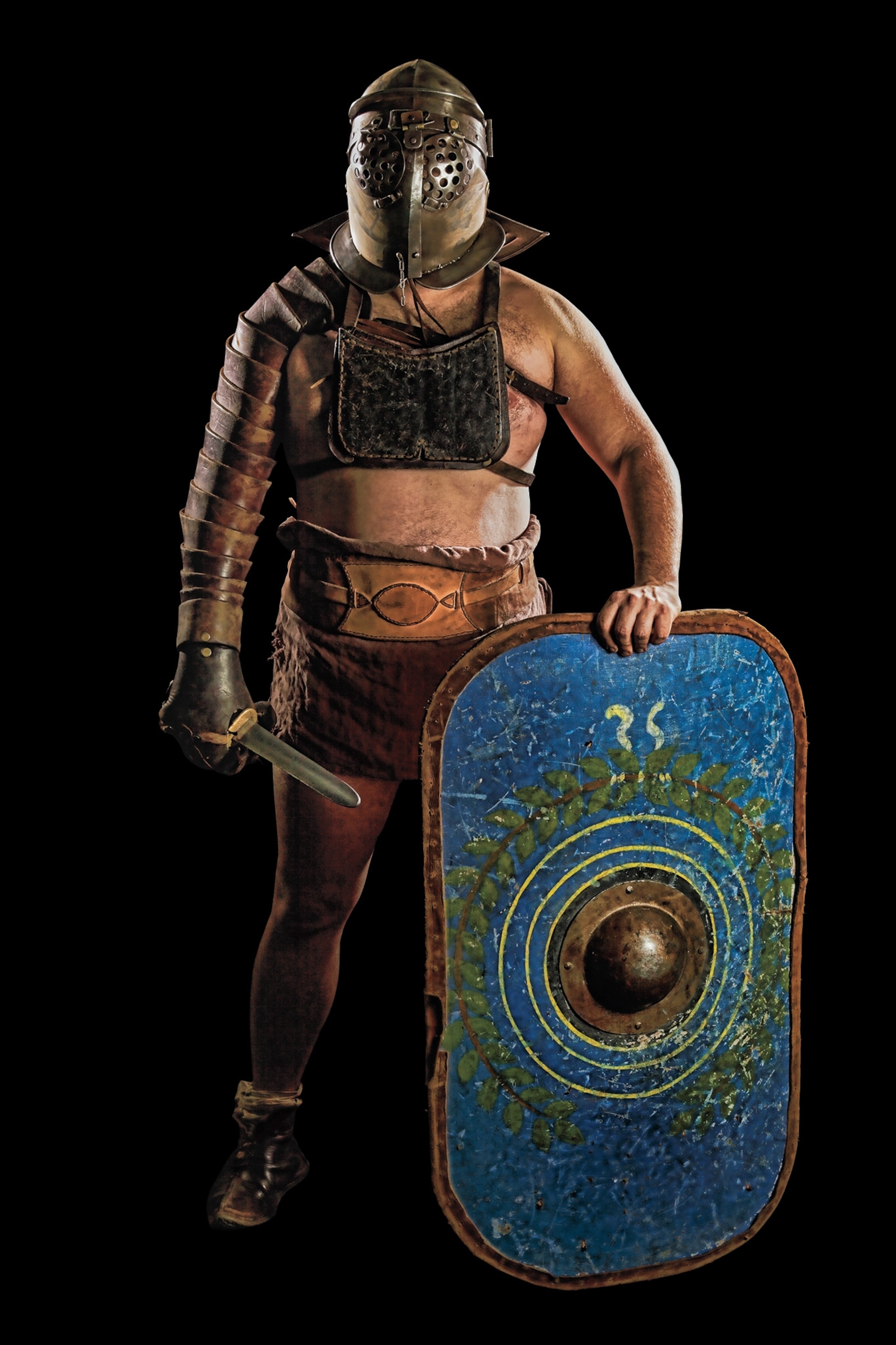 Wearing an armguard and carrying just a shield and sword resembling those Roman legionary soldiers used, the secutor, meaning pursuer, was mobile enough to chase his usual opponent, the net-wielding retiarius, around the ring.