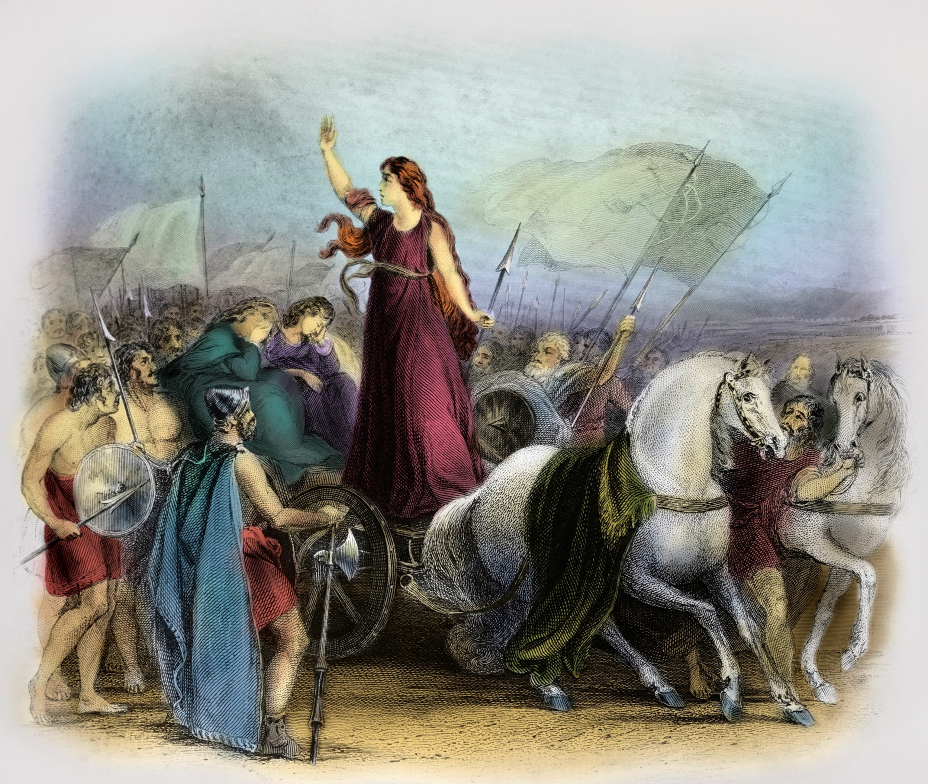 Atop her chariot, Boudicca calls out to her forces.