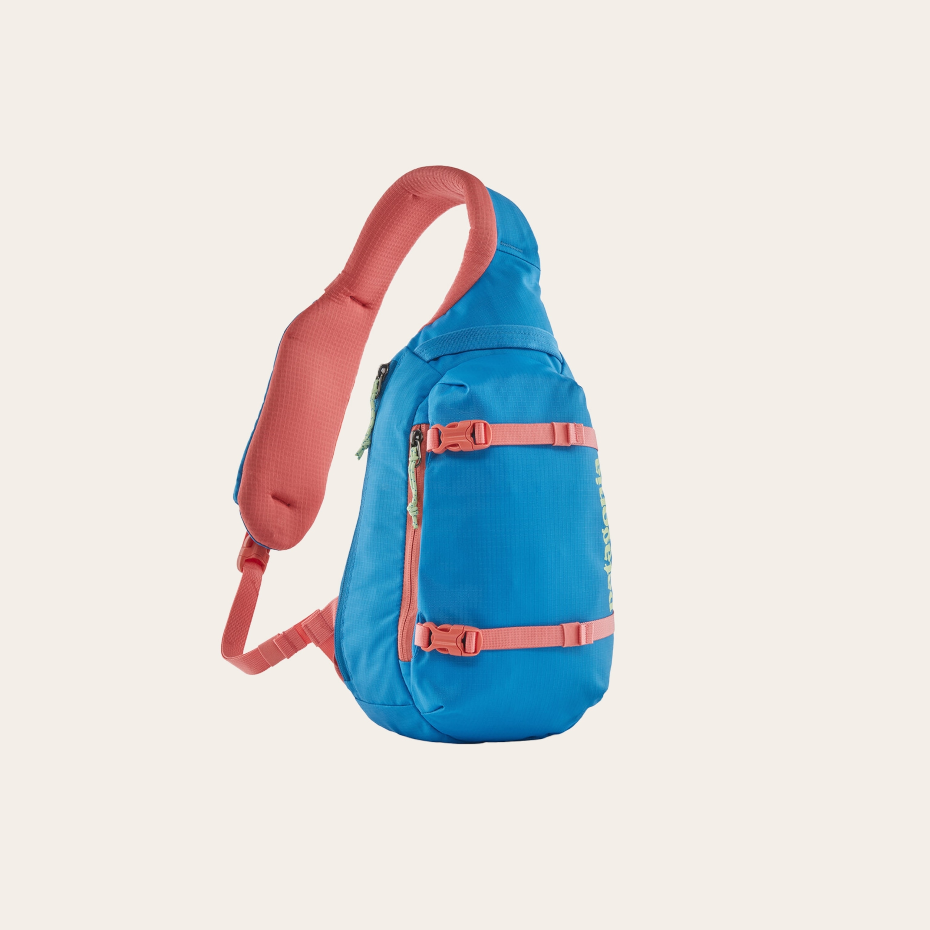 A blue and orange bag slightly oval shape.