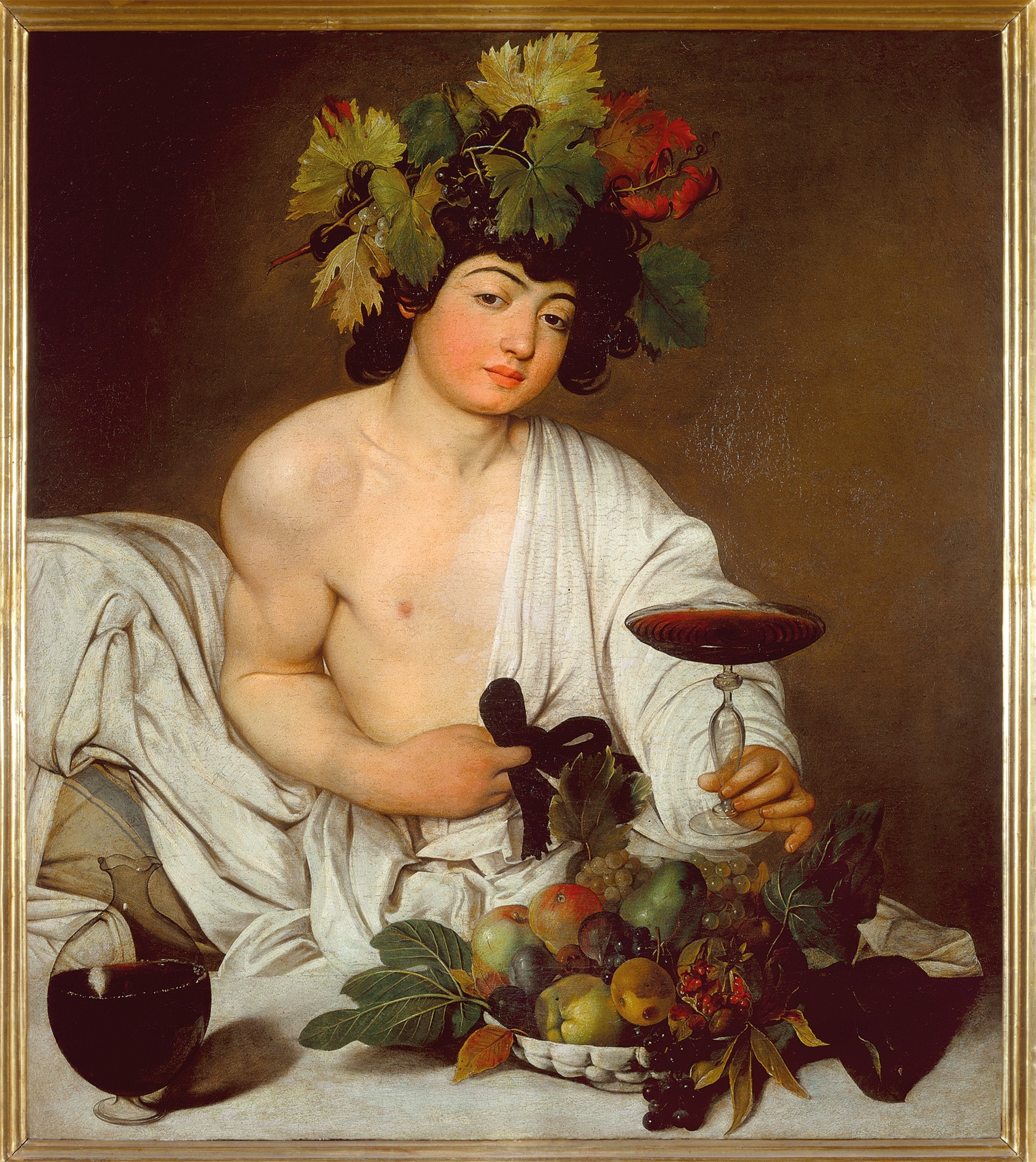 In this oil painting from 1595, Caravaggio depicted Bacchus (the Roman name for Dionysus) as a callow adolescent, his head crowned with grape leaves and a glass of wine in hand.