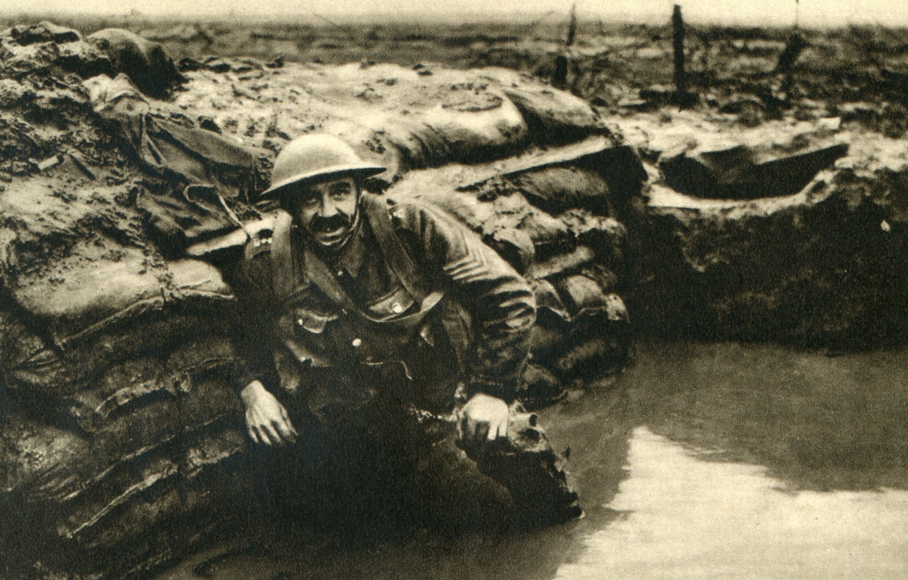 A british soldier in a WWI trench