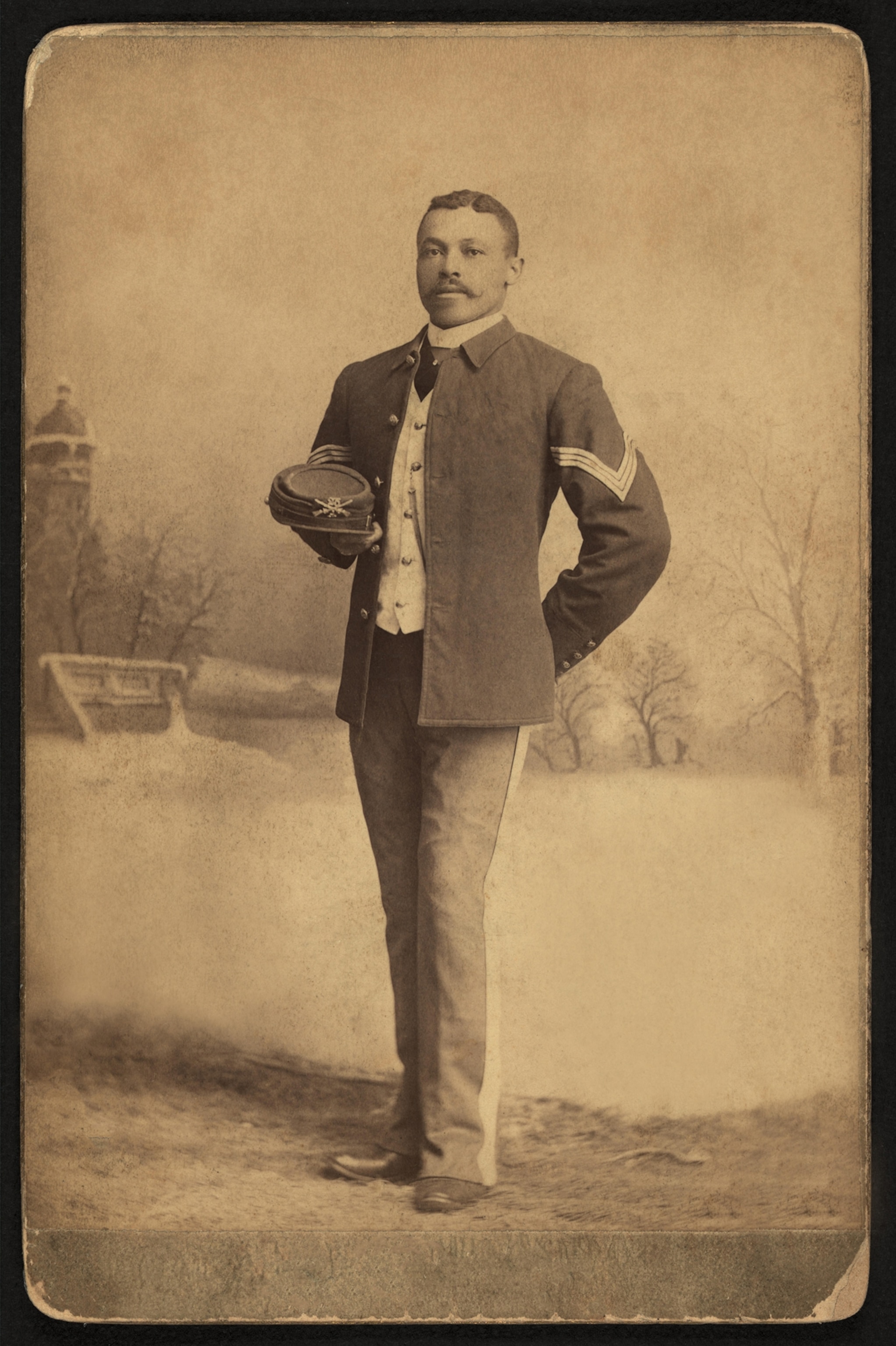Buffalo Soldier, 25th Infantry, Full-Length Portrait in Uniform Holding Hat, Fort Custer, Montana, USA, by Orlando Scott Goff, William A. Gladstone Collection of African American Photographs, 1880's