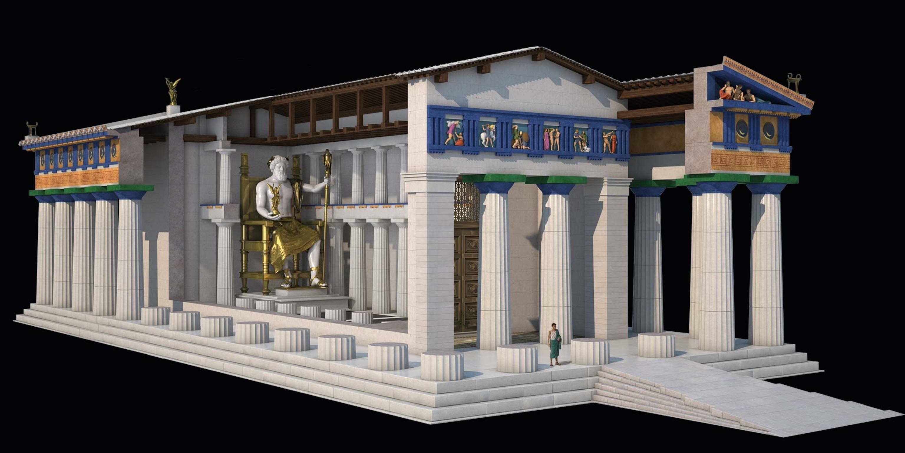Another reconstruction of the temple but with some cut off to expose the inside with a statue
